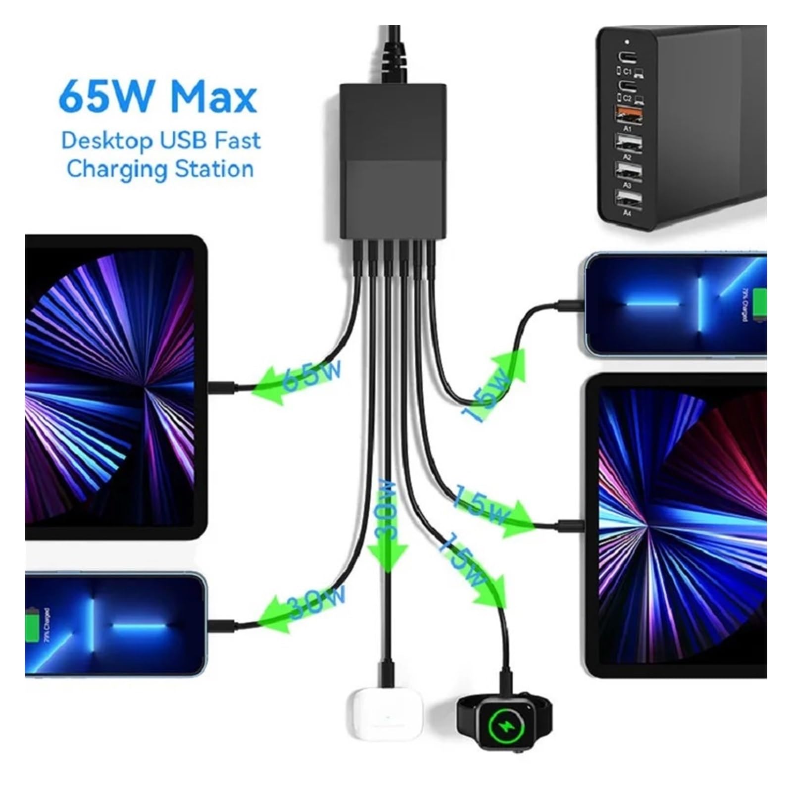 Cargador USB De 80W PD QC3.0, Protocolo Dual, Carga Rápida, 6 Puertos, Estación Múltiple