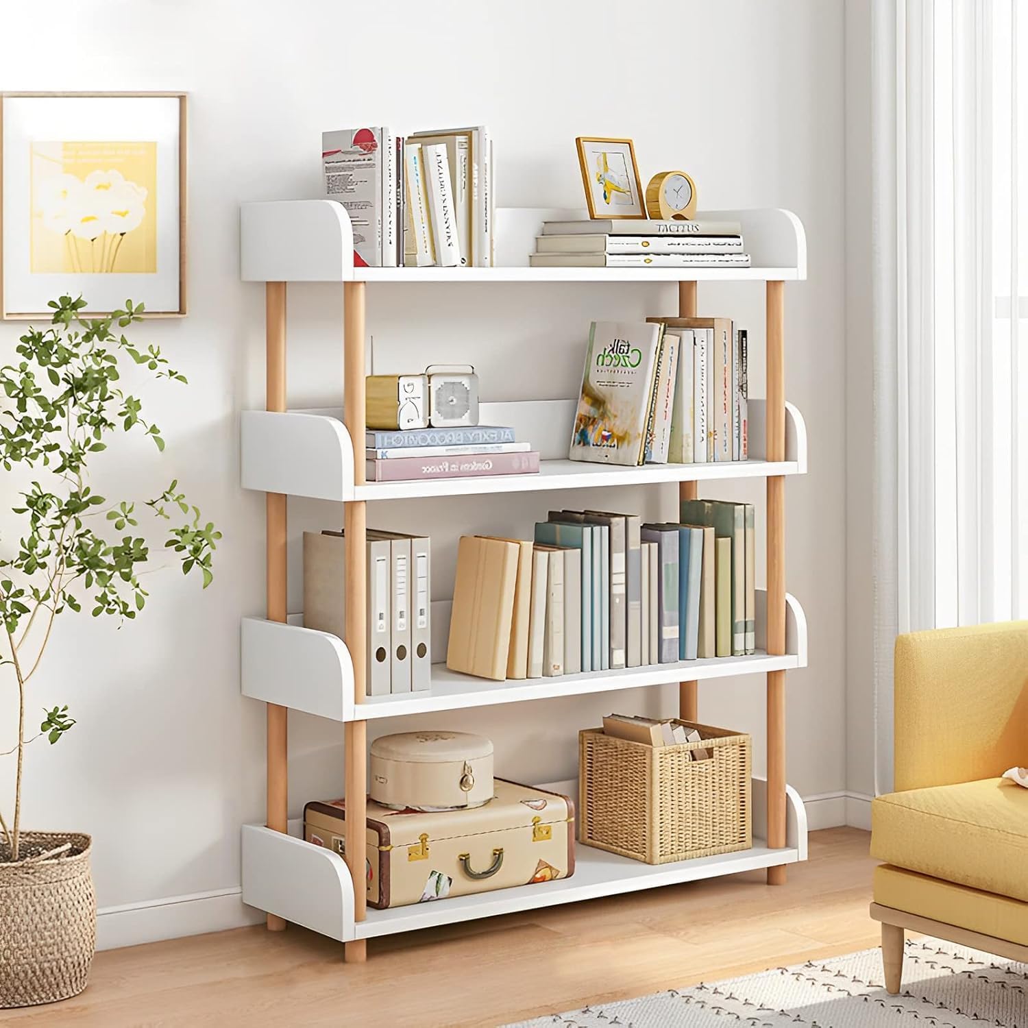 MostNow 4-Tier Wooden Open Bookcase,Wood Storage Shelves Display Stand,Modern Freestanding Bookshelf with Side Panels and Solid Wood Frame for Home and Office, Storage Cabinet (White)