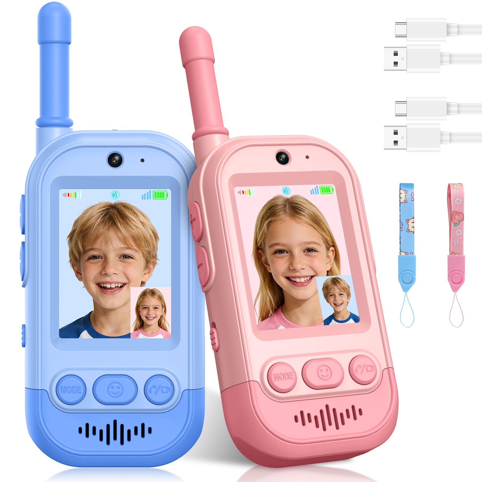 Gofunly Video Walkie Talkie Bambini, Set da 2 Dispositivi Ricaricabili con Interfono Video, Giochi per Interni ed Esterni per Attività in Famiglia per Ragazzo e Ragazza dai 3 ai 12 Anni - Rosa+Blu