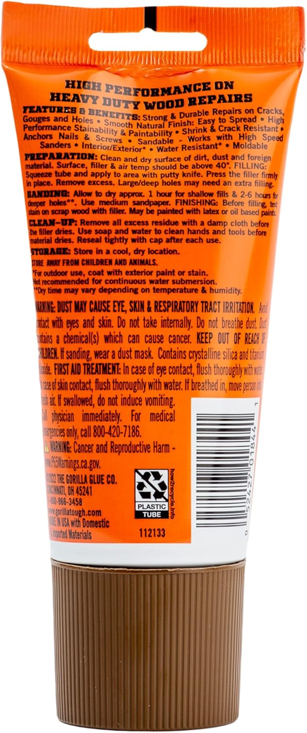Gorilla All Purpose Wood Filler, Walnut Color, 6 Ounce Tube (Pack of 6) - Water Resistant for Indoor or Outdoor Projects and Repairs