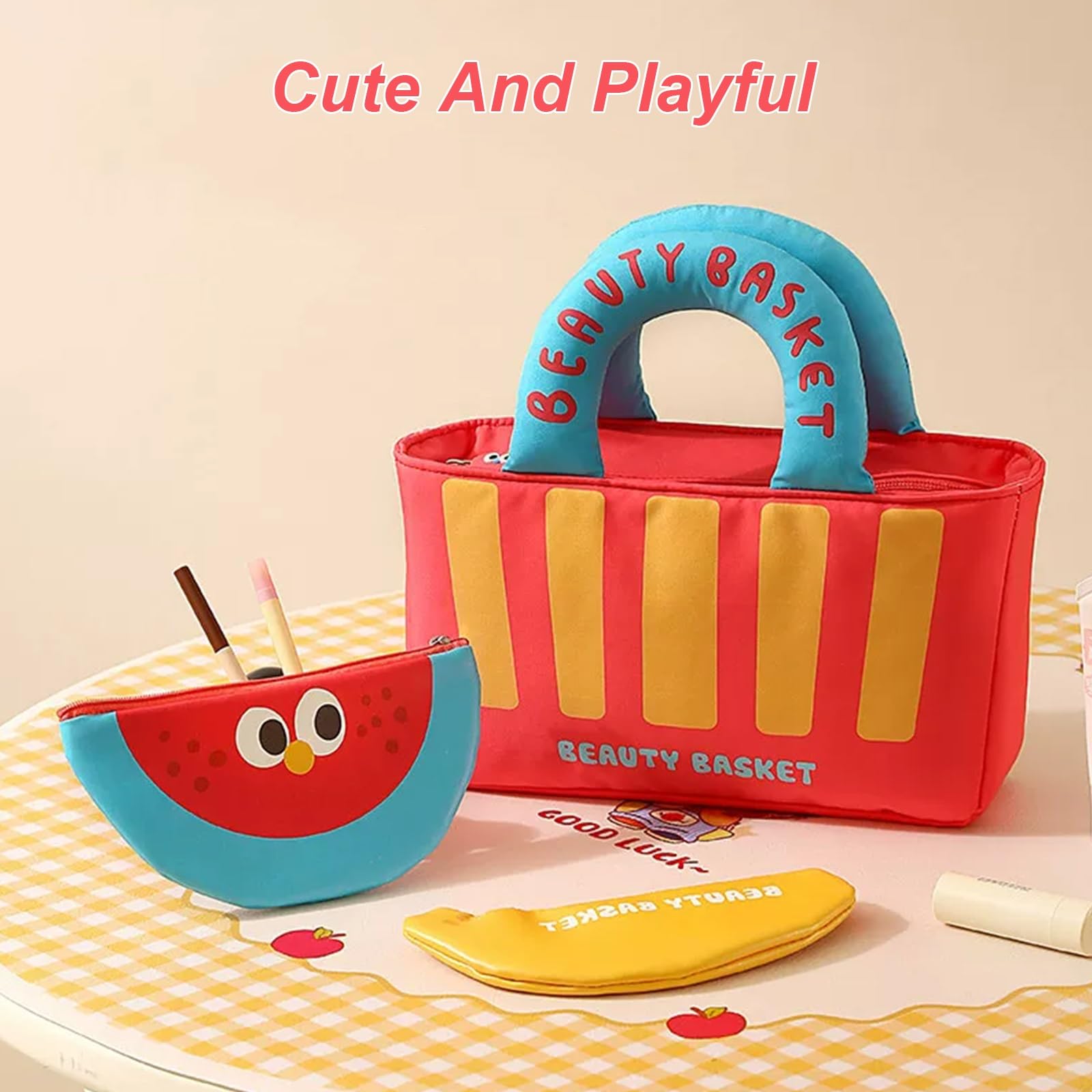Make Up Tasche mit Leichtgängigem Reißverschluss, Kulturtasche für Reisen, im Retro-Marktkorb-Stil, mit Weichem Griff, für Hautpflege und Tägliche Utensilien