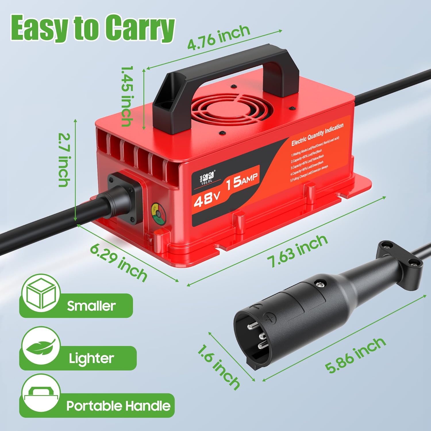 10L0L 48V 15A Golf Cart Rapid Charger for Club Car DS & Precedent, 3-Pin Plug with IP68 Waterproof, Auto Shut-Off, Smart Cooling, Aluminum Housing, Charging Indicator (Red)