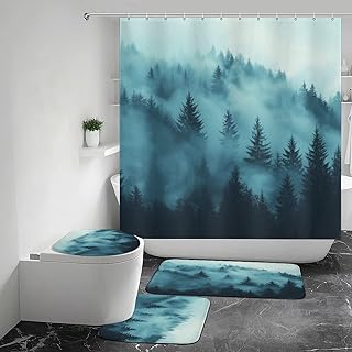 Misty Forest Peaks Shower Curtains Set Bathroom Sets with Rugs (Bath Mat,U Shape and Toilet Lid Cover Mat)