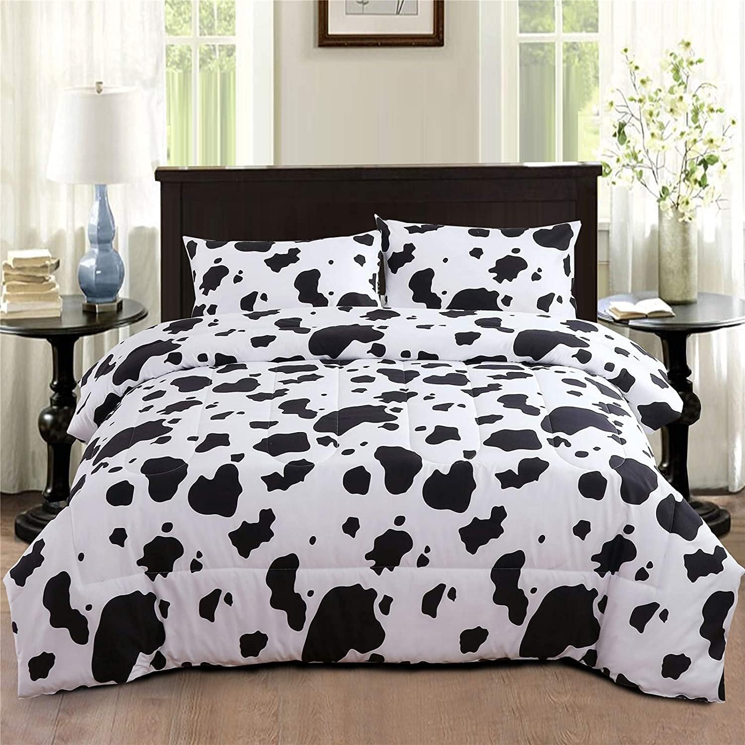 PERFEMET 3Pcs Cow Print Comforter Set King Size Black White Cartoon Cute Geometric Bedding Set Soft Reversible Plaid Grid Bed Quilted Set Soft for Kids Boys Girls