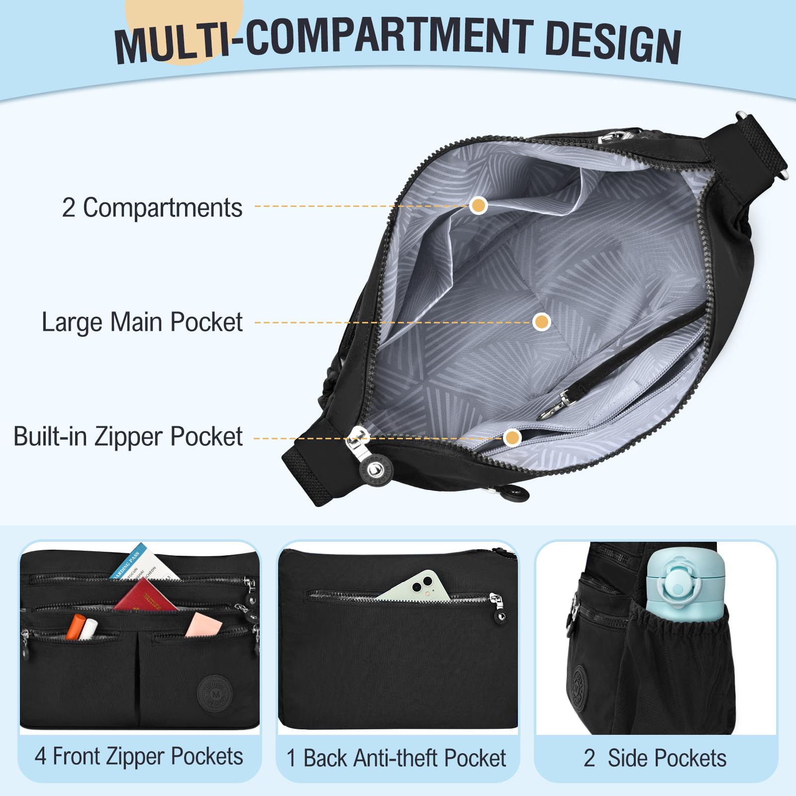 TEUEN Sac Bandoulière Femme Grande Capacité Sac à Main Bandoulière Imperméable en Nylon Messager avec Bandoulieres Réglable et Multi-Poches pour Voyage Université Usage Quotidien