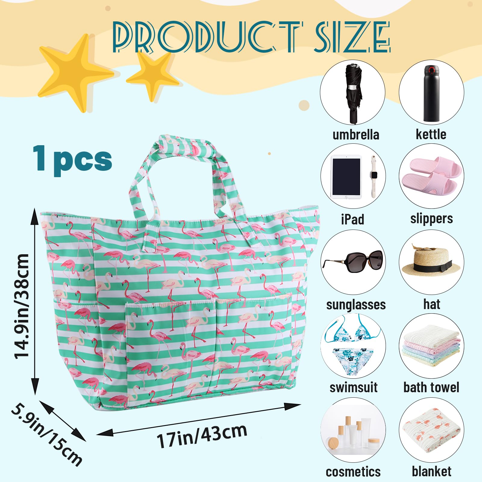 ACTOYS Borsa Mare Grande XXL Famiglia, Borsa Mare Donna, Borsa Spiaggia Donna, Borsa Mare con Cerniera, per Viaggio, Vacanza, Piscina, Fitness, 43 x 38 x 15 cm