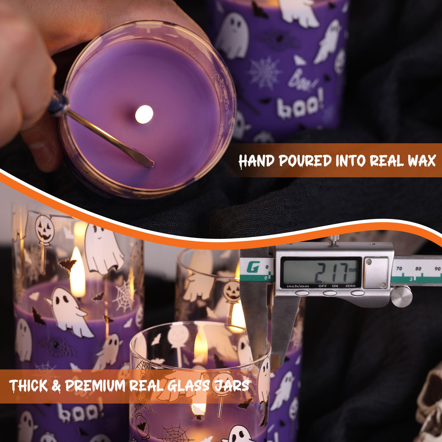 Candele in vetro senza fiamma con telecomando, candele a pilastro LED viola fantasma a batteria, set di 3