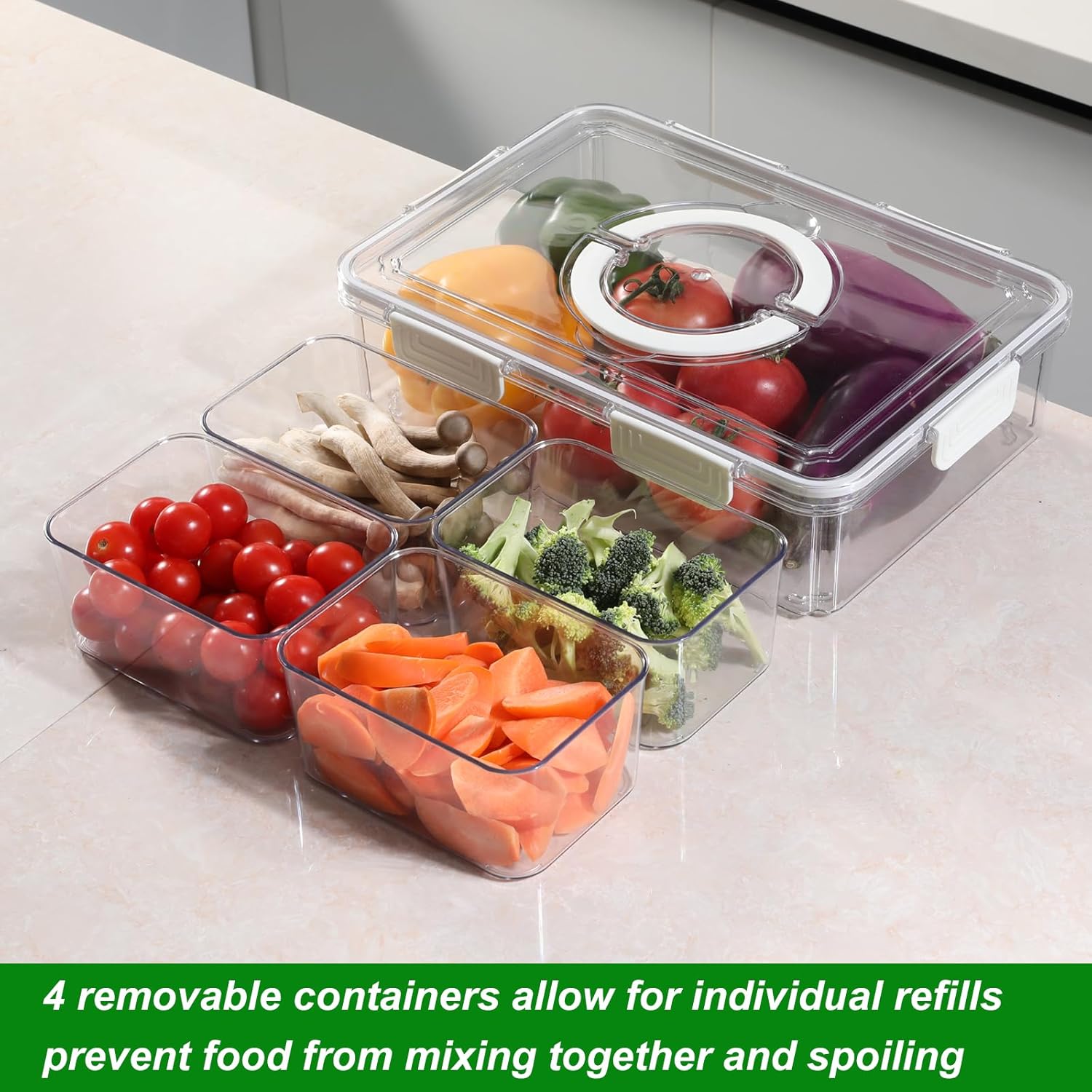 Taiuloo Divided Serving Tray with Airtight Lid and Handle, 4 Compartment Snackle Box Container, Portable Snack Platters, Clear Fridge Organizer & Food Storage for Veggie, Fruit, Charcuterie, Nuts
