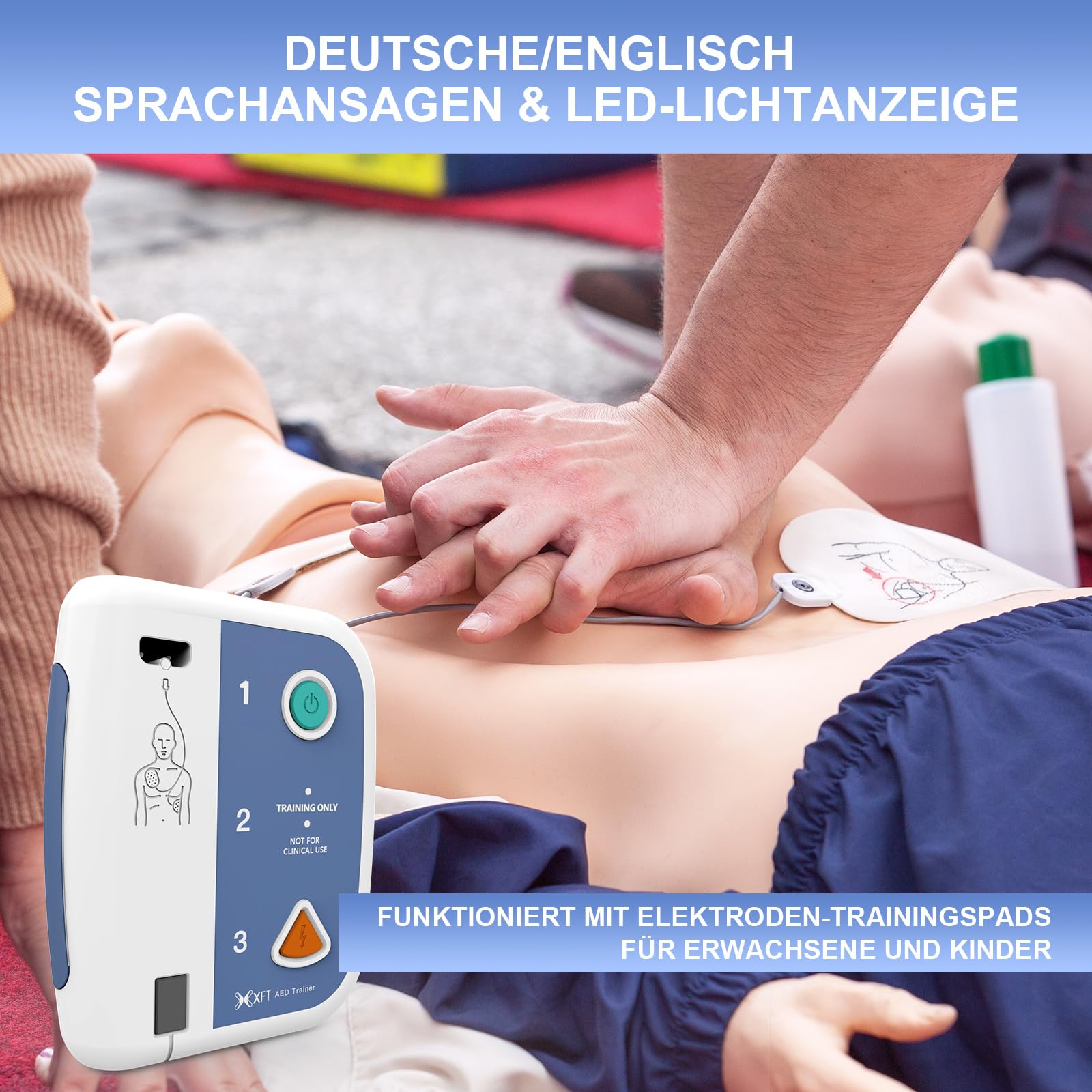 AED Defibrillator Trainer mit Fernbedienung, XFT-120C+ Erste Hilfe Lehrgerät für AED-Training, AED Trainingsgerät mit CPR-Lehrgerät Maschine, 10 Trainingsszenarien, Sprachkombination Deutsch/Englisch