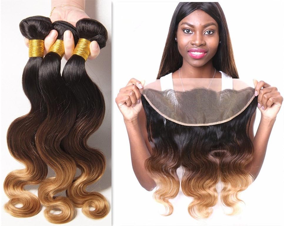 Ombre Color 1B 4 27 Brazilian Virgin Hair Body Wave 13x4 Lace Frontal Closure With 3 Bundles Human Hair Weft Extensions -12 12 14+10inch