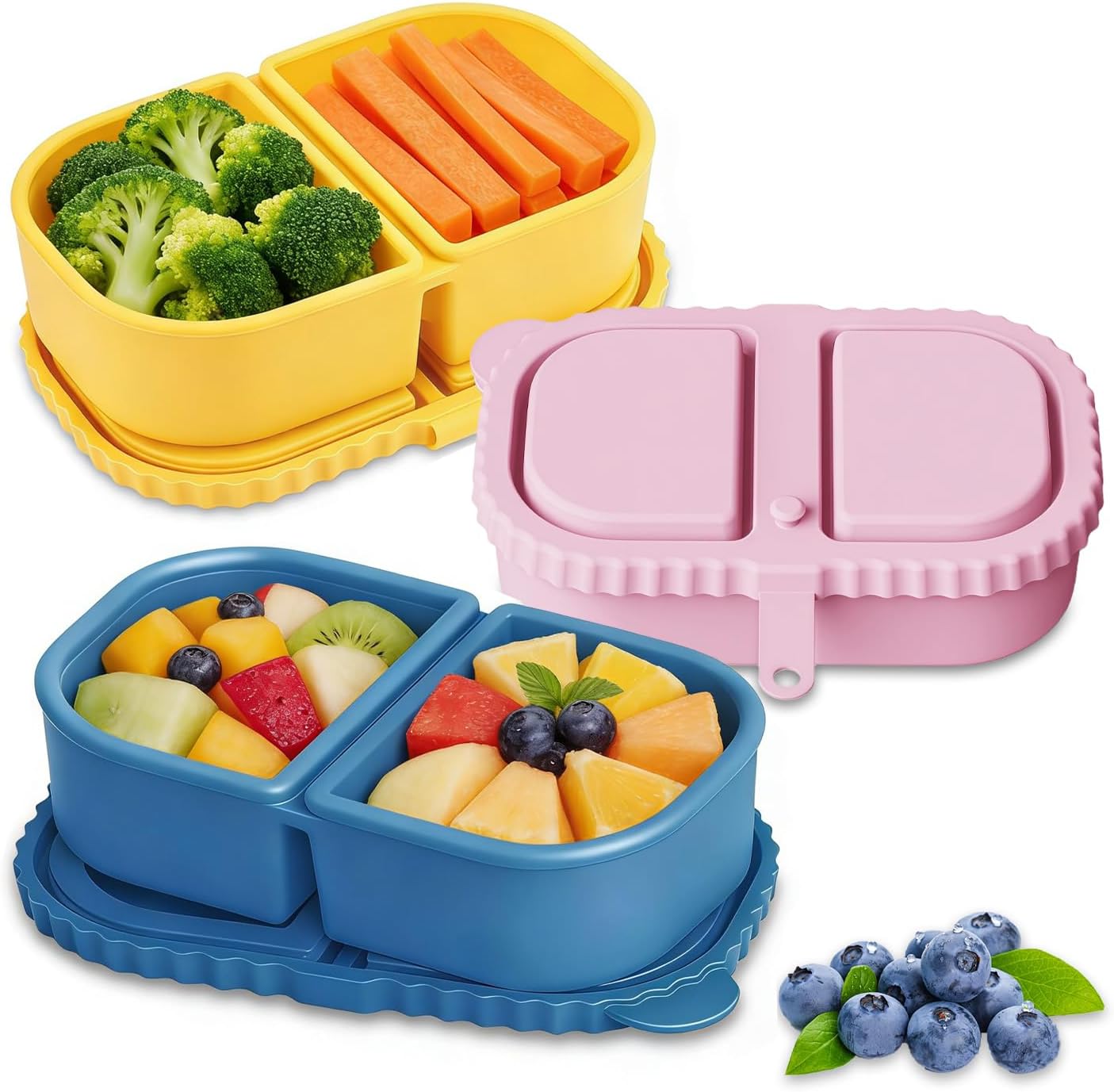 Silicone Snack Containers, 3 Pack Double Compartment with Partitions Small Snackle Food Storage Box for Salad Sauce Condiment Fruits Portable for School Office Travel Picnic