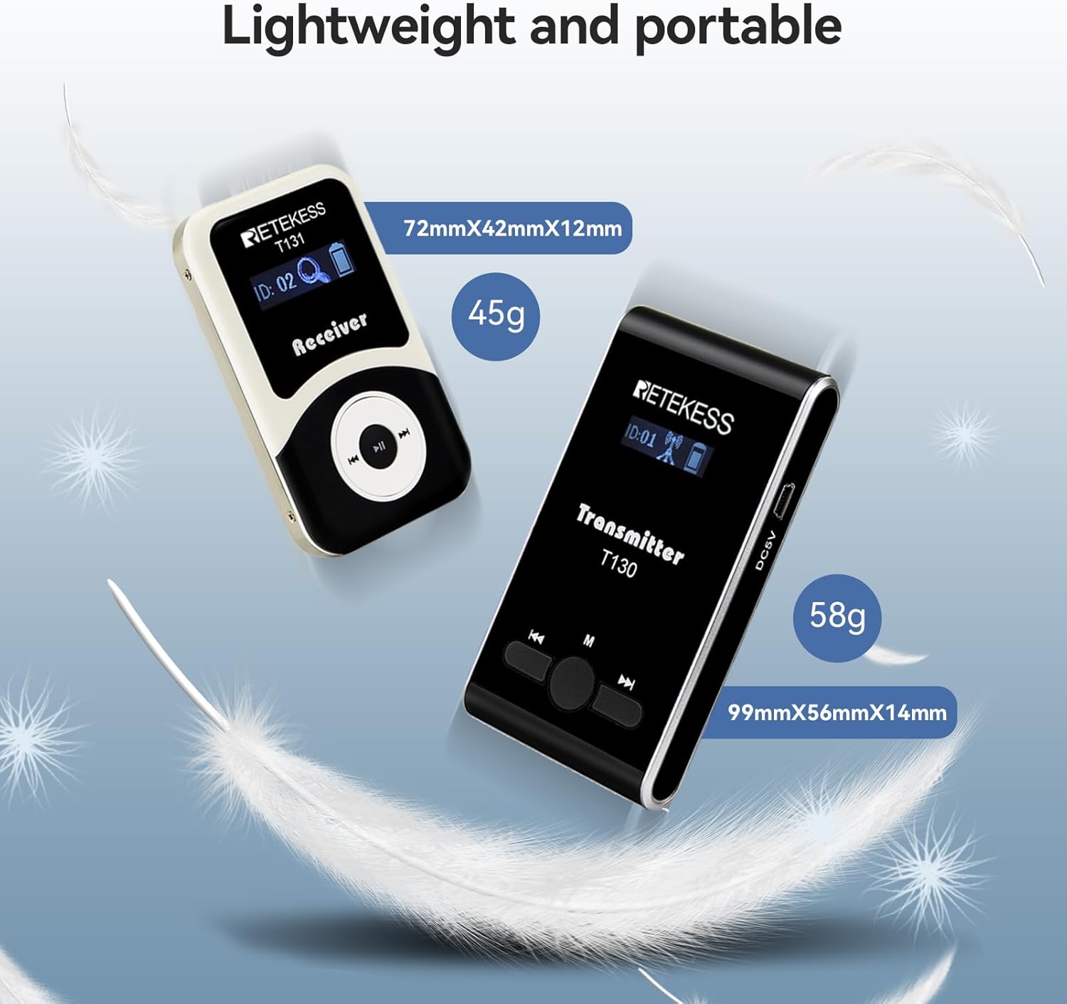 Retekess T130 transmitter and T131 receiver showing dimensions and weight