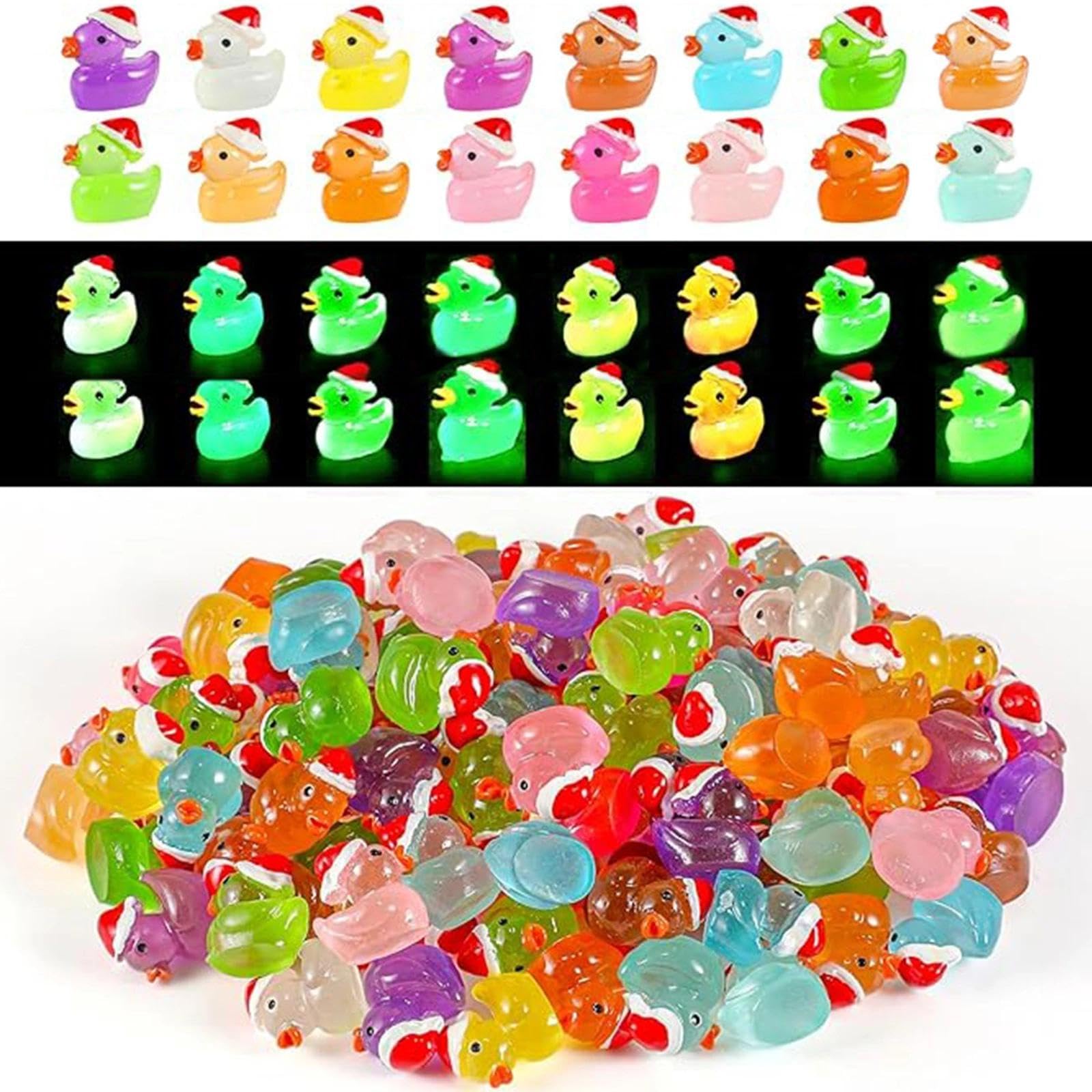 160Pcs Christmas Mini Resin Ducks Luminous Miniature Xmas Hat Animals Glow in The Dark Bulk for Micro Fairy Garden Dollhouse Decor Small Party DIY