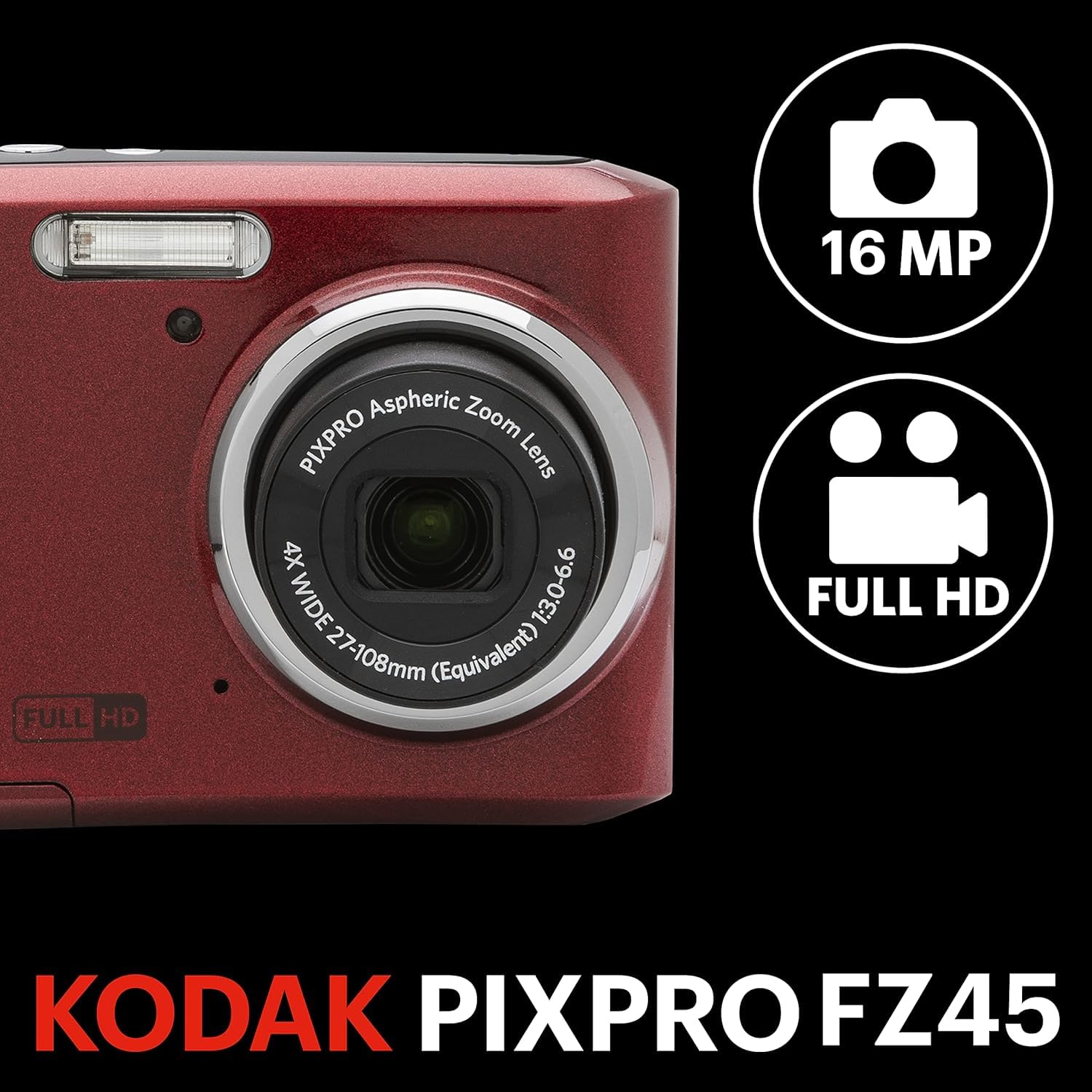 KODAK Câmera digital PIXPRO Zoom FZ45-RD de 16 MP com zoom óptico