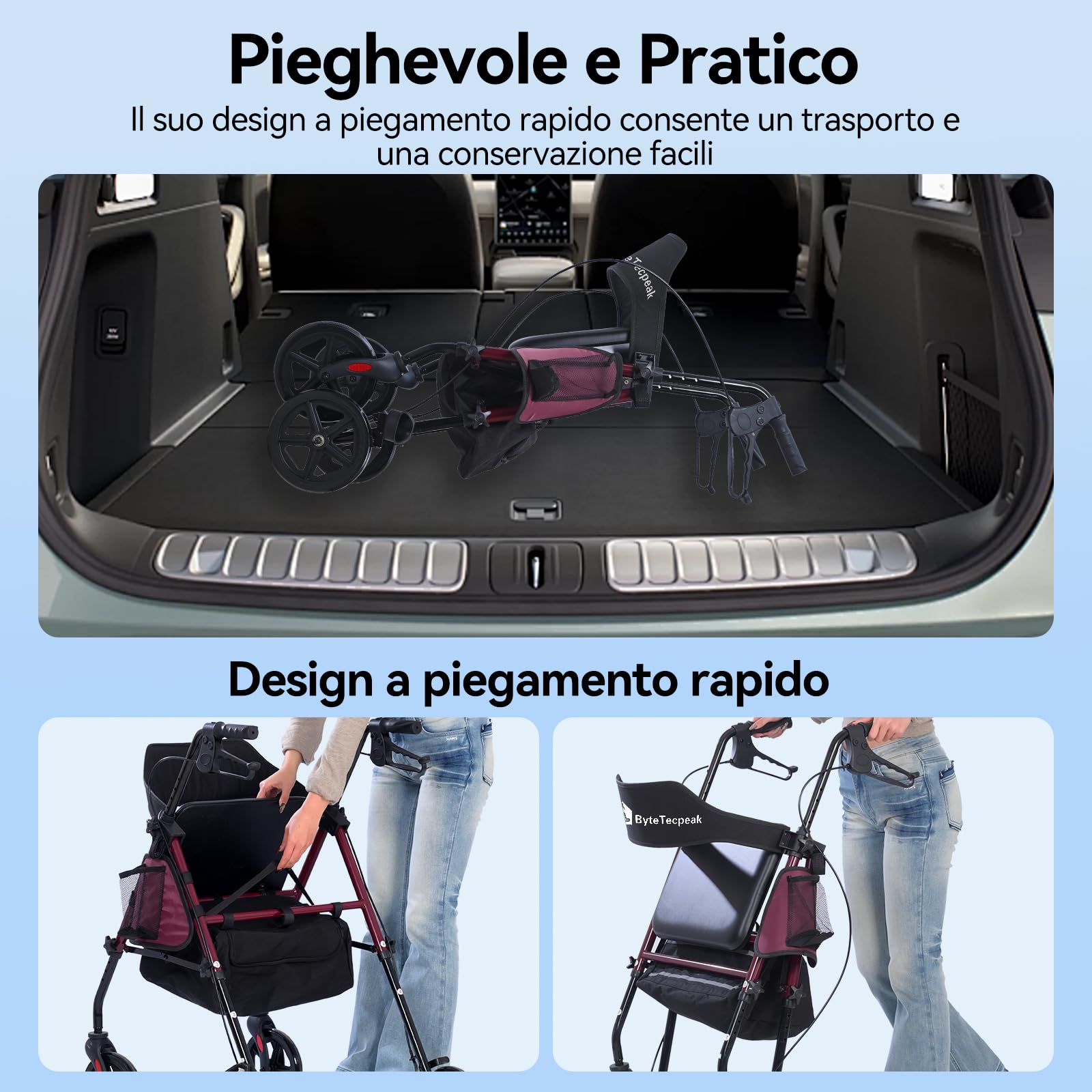 R4 deambulatore pieghevole con seduta, girello per anziani,altezza regolabile in 5 livelli su sedile e maniglie, Deambulatori a 4 ruote, Con borsa della e freni, portata max 100KG (R4-2)