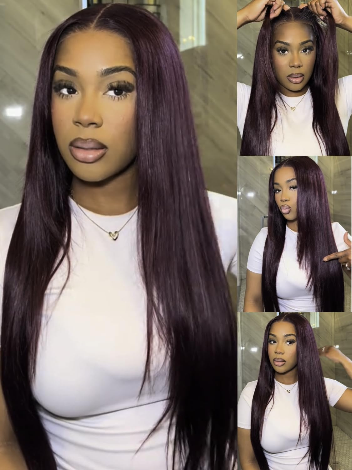 KLAIYI Black Cherry Layered Straight 7x5 Pre Cut Lace Front Wigs Human Hair Bye Bye Knots Glueless Ready to Wear Go Wig Pre Plucked Pre Bleached Dark