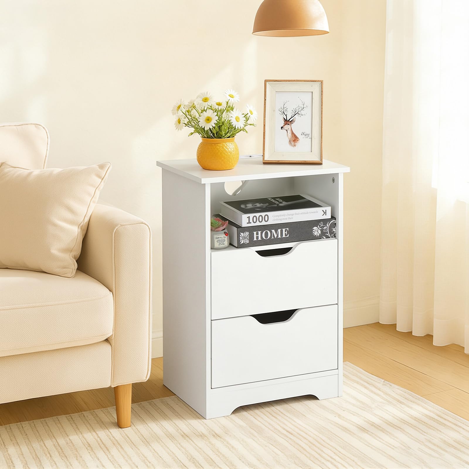 LEADZM Table de Chevet avec Station de Charge et Ports USB,Table d'appoint avec 2 tiroir 1 étagère Ouverte, Commode de Nuit, 40 x 30 x 60cm (1, Blanc)