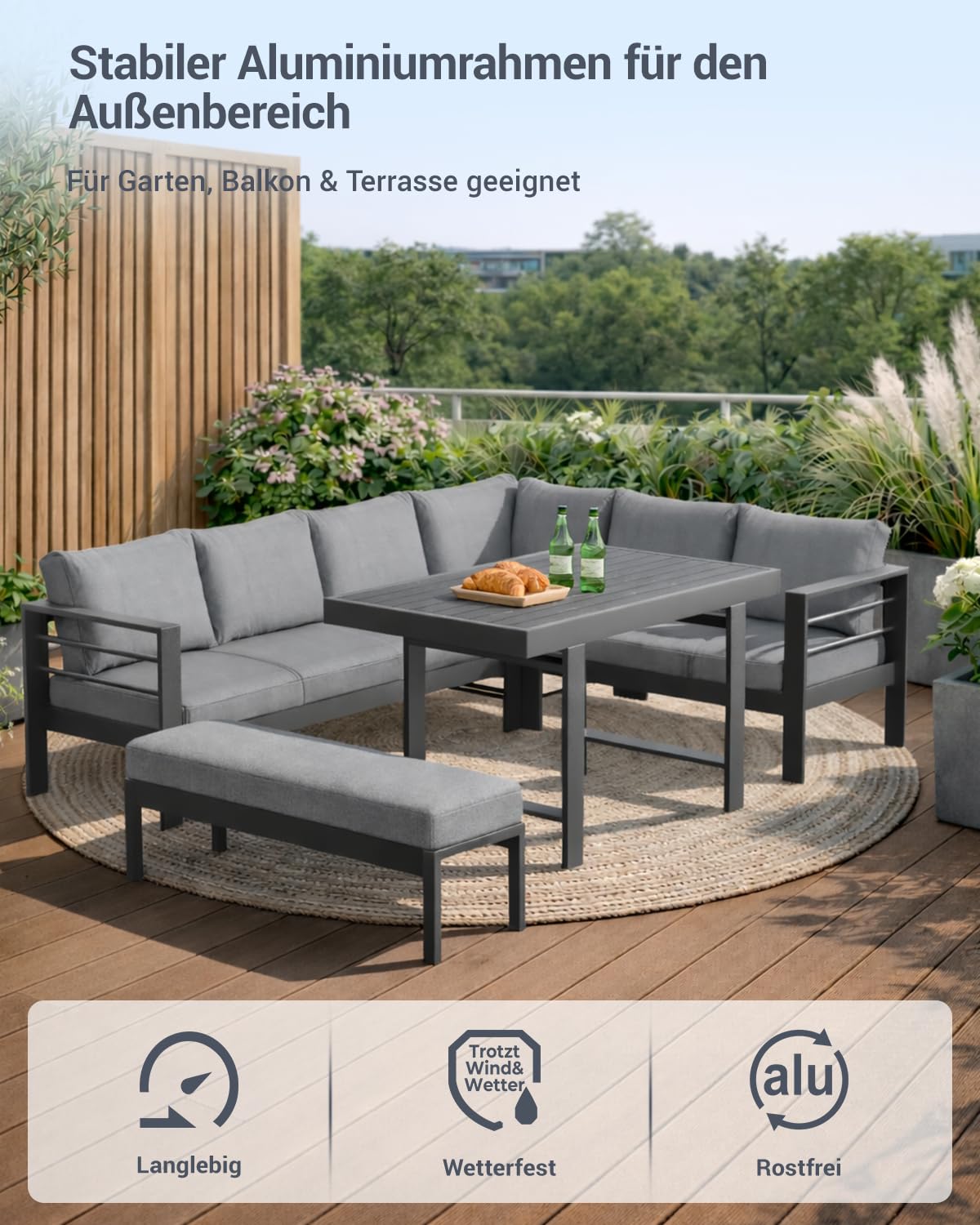Atenza Gartenlounge wetterfest, Ecksofa 6-8 Personen mit Tisch, Grau | Rostfreies Aluminium, WPC-Tischplatte, 12 cm Kissen, waschbare Bezüge, Sitzbank, Terrasse & Garten