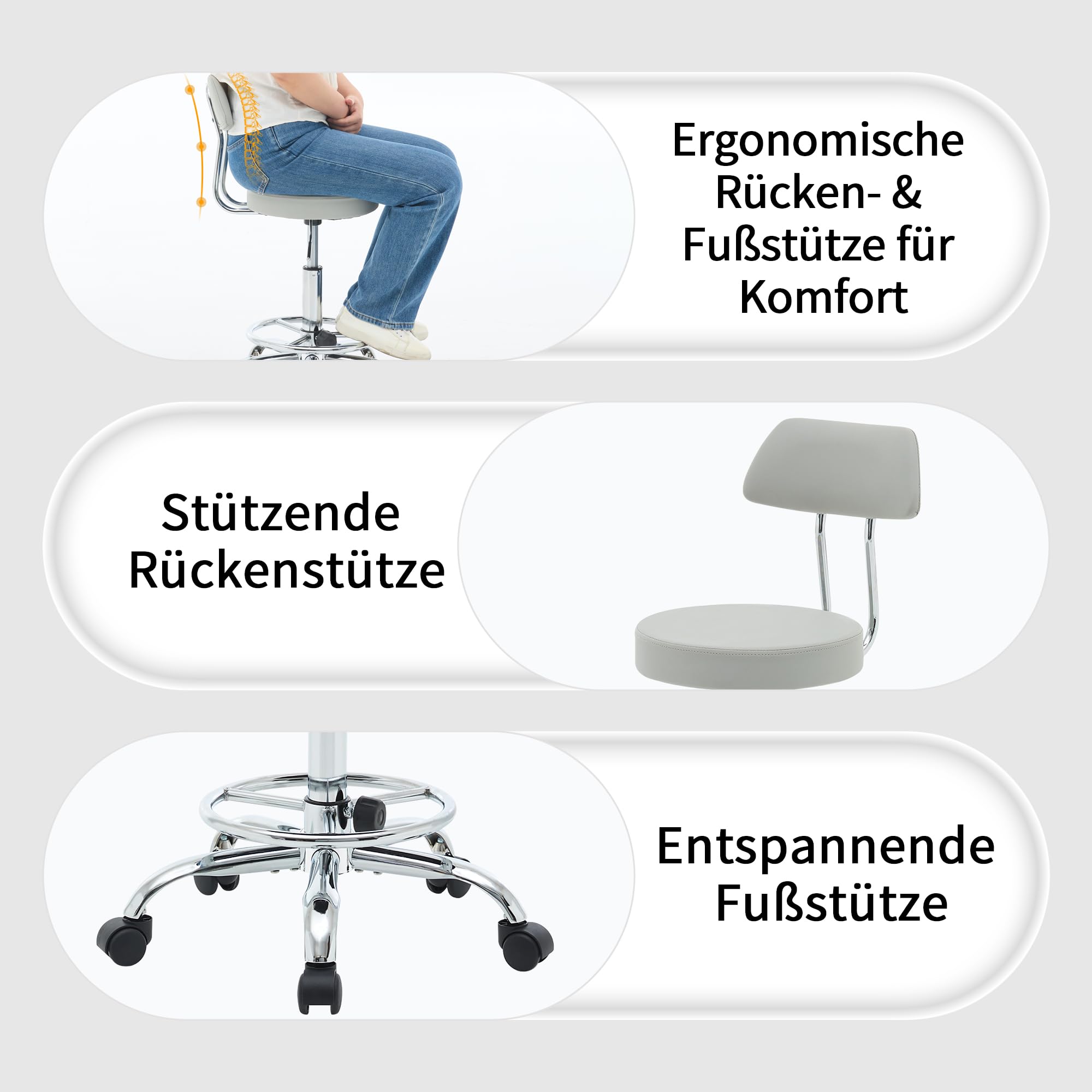 FIRAVOE Ergonomischer Büro-Zeichenstuhl, höhenverstellbarer Rollhocker mit Fußstütze 49,5–67,6 cm, Laborhocker aus Kunstleder mit Rückenlehne