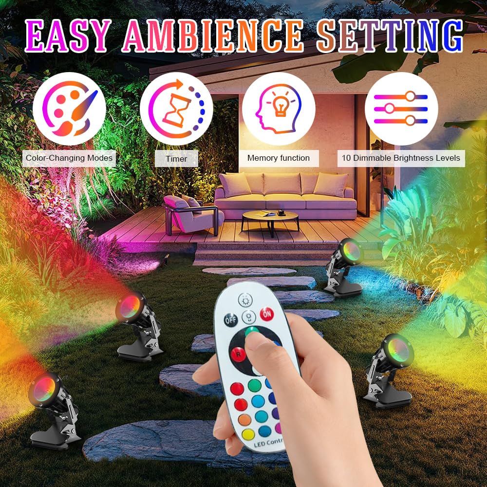 LED Foco de Pinza, 6W RGB LED Foco de Pinza, 15 Luz RGB + Luz Cálida 3000K, IP65 Resistente, Lámpara de Jardín con Enchufe de 3 m, Conector e Interruptor para Interior y Exterior, Patio Césped