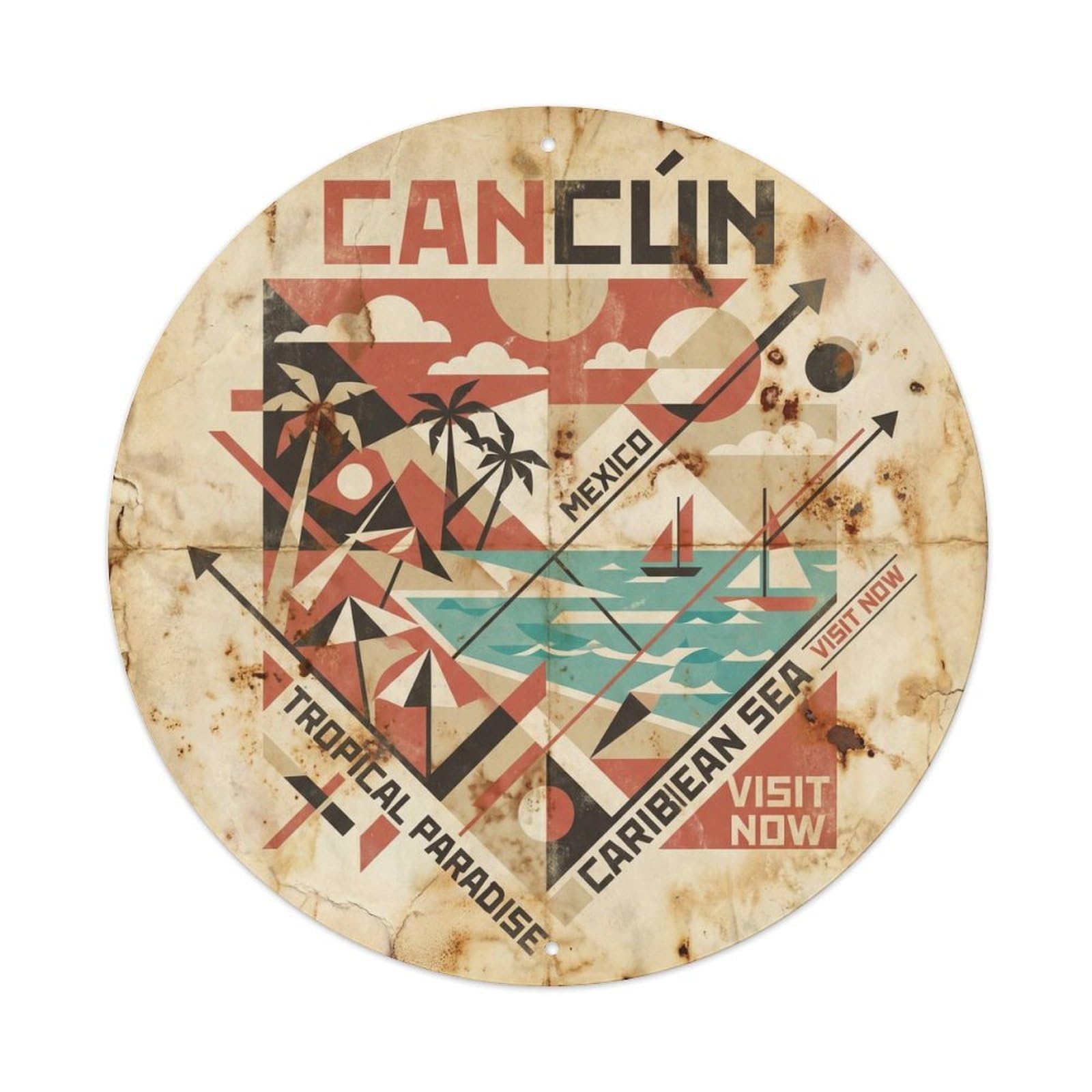 Cancun Tropical City Graphic Constructivist Metal Tin Sign