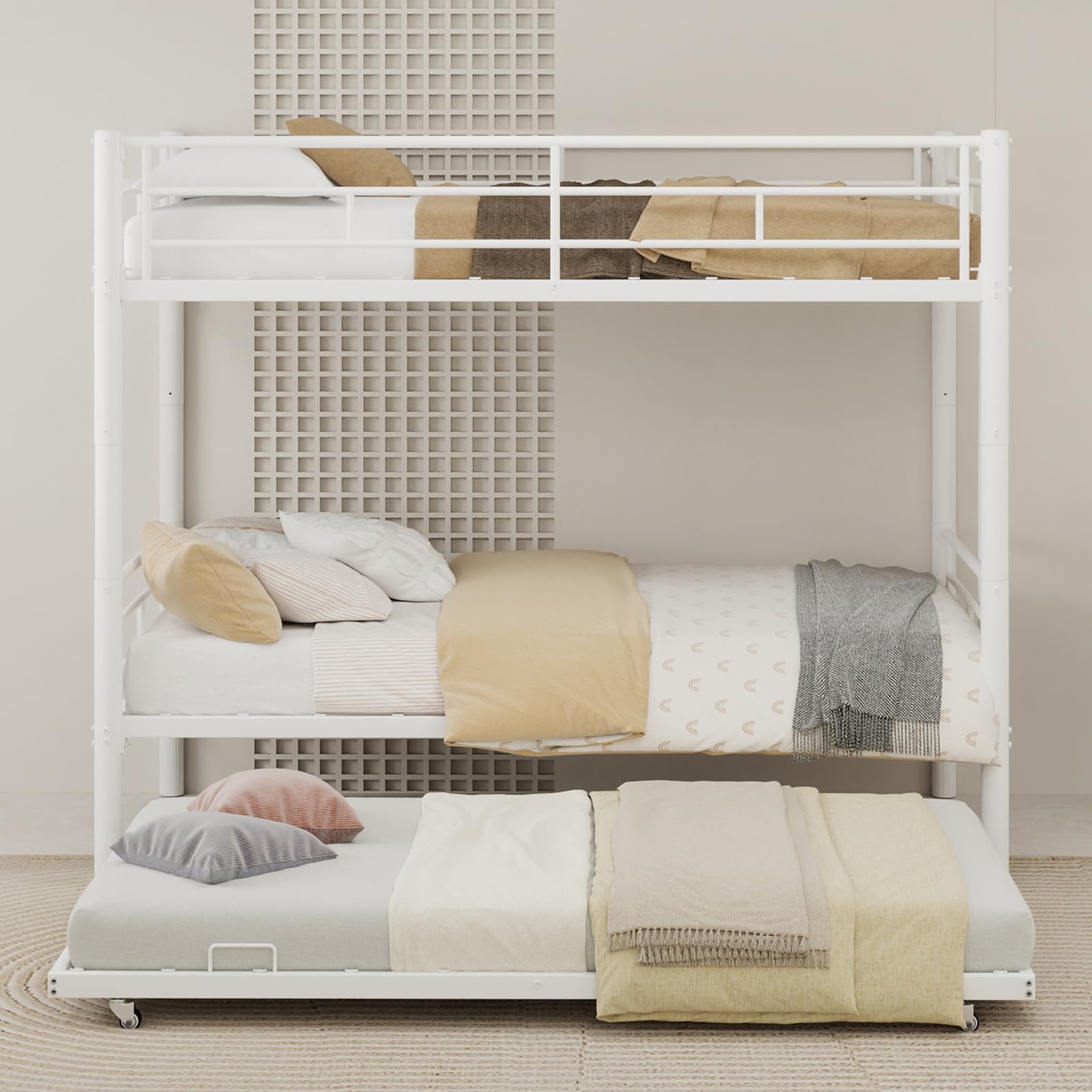 Lit Superposé Enfant avec Lit gigogne, Lit Enfant avec Échelle et Barrière de Sécurité, Convertible en 3 lit Simple - Structure Robuste, Pas Besoin de Sommier, pour garçon et Fille (Blanc)