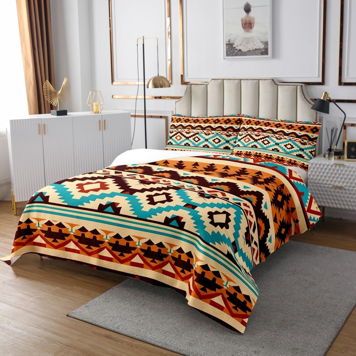 jejeloiu Orange Green Southwestern Coverlet Set King Size Geometric Bedspread Tribal Native American Indian Design Vinatge Quilted Coverlet Decor Exotic Style Stripe Line Quilted