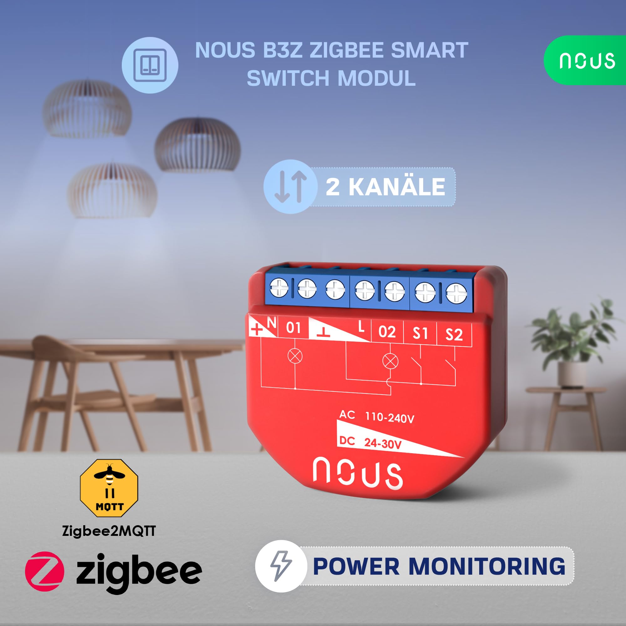 NOUS Module Interrupteur Intelligent ZigBee avec Mesure de Puissance, 2 Canaux, AC 16A/DC 10A, 3.0 Hub Requis, Compatible avec Alexa, Zigbee2MQTT, Google Assistant, Home Assistant, Tuya