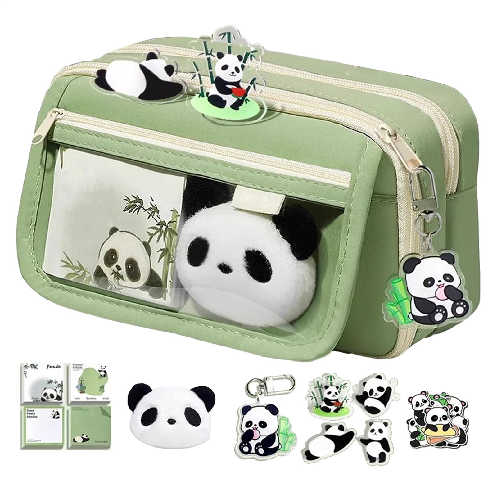 Tiajingzi Large Capacity Panda Pencil Case, Cute Aesthetic Pencil Case, Multi-Layer Zipper Pen Pouch Holder with Panda Keychain Brooch Notepad, Panda Stationery Case with Compartment, for School