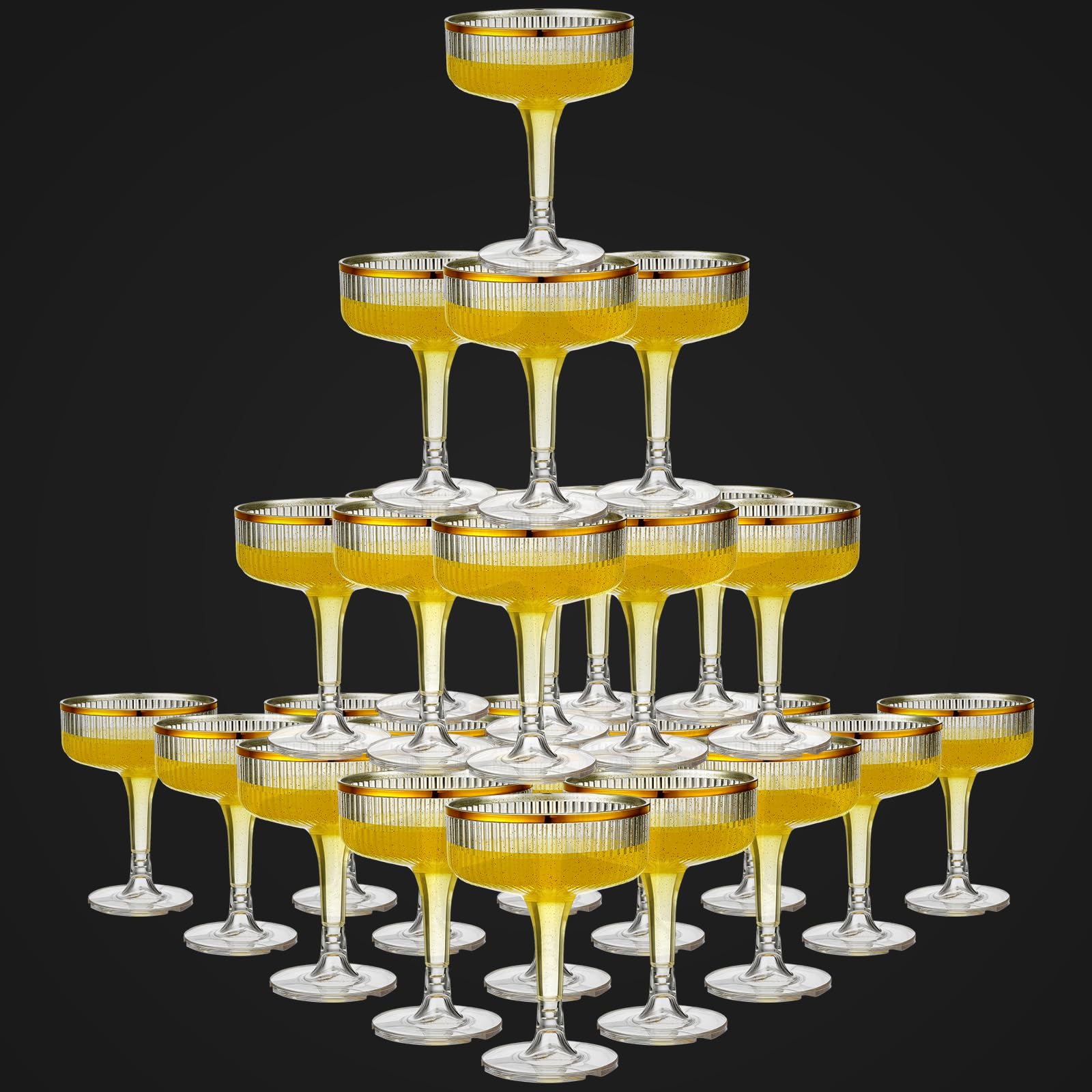Photo 1 of Acellegic Set of 24 Champagne Tower 7 oz Plastic Champagne Coupe Glasses Set Stackable Plastic Ribbed Martini Glasses Unbreakable Acrylic Cocktail Coupe Cups for Wedding Birthday (Glitter,Gold)