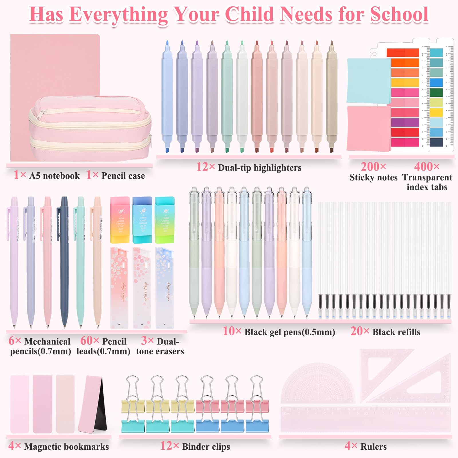 Aesthetic Stationery Supplies with Pink Pencil Case & Notebook, Pastel Highlighters Gel Pens Mechanical Pencils Refills Rulers Rubbers Sticky Notes, Stationery Set for Students School Supplies Office - Image 2