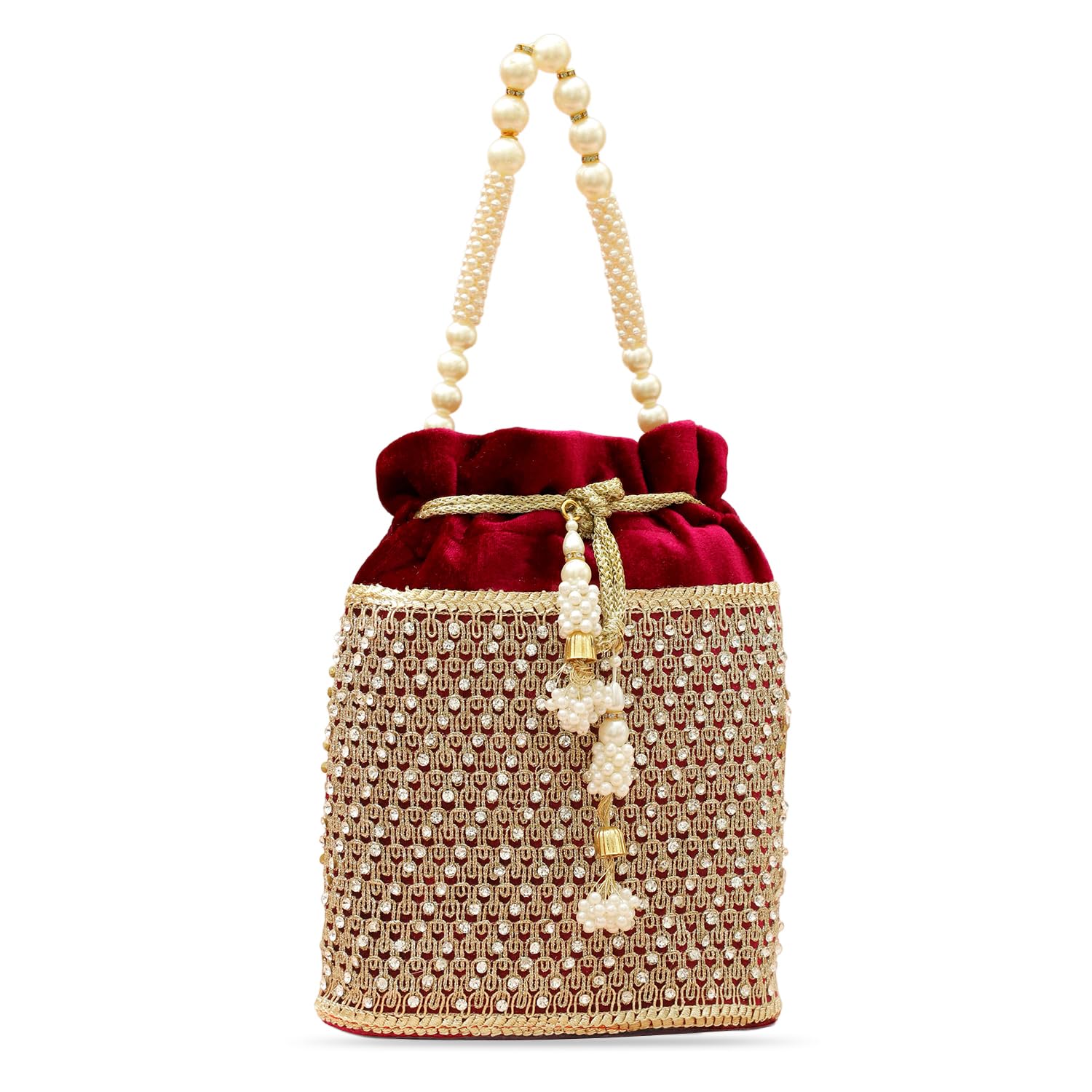 Ruby Red Velvet Potli Bag with Pearl Handle Golden Embroidery & Stone Detailing Festive & Wedding Handbag Gift for Women & Girls-image-20