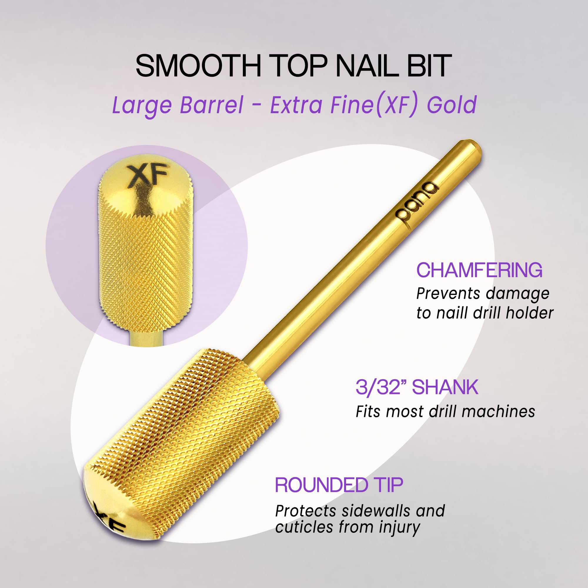 PANA 3/32" Large Smooth Round Top Safety Carbide Nail Drill Bit for Gel Polish & Acrylic Removal Nail Salon Manicure Pedicure Electric File Tools (Large Barrel - Gold, Extra Fine)