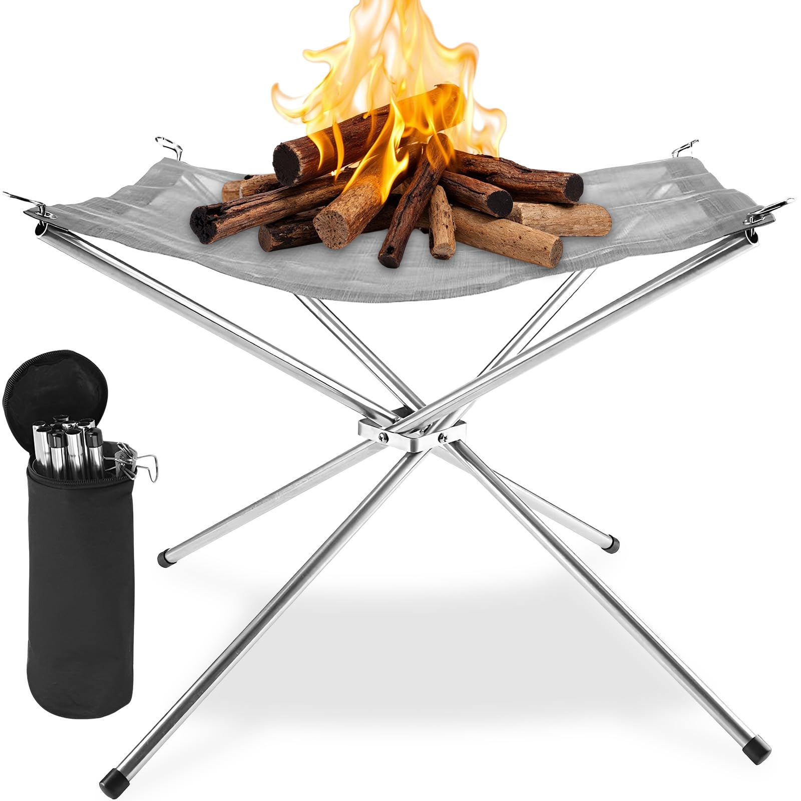 Braciere Campeggio Portatile 42cm con Borsa Trasporto, Pozzo Fuoco Rete Acciaio Inossidabile 304 Pieghevole, Camino Aperto Esterno Piccolo, Accessori Picnic per Cortile, Giardino, Patio, Falò