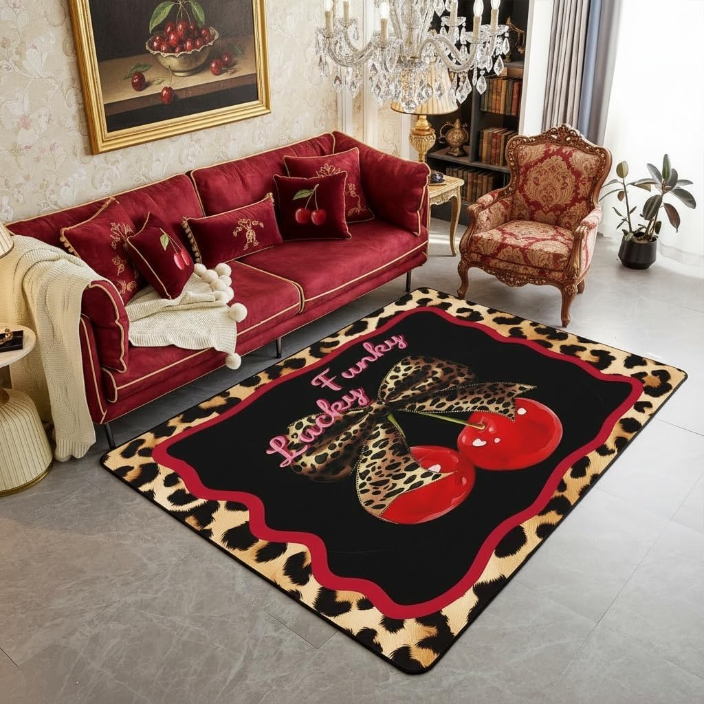 Cute Cherry Area Rug 5x6'6''x0.39''with Non Slip Rugs,Farmhouse Cheetah Skin Printed Home Decor Office Area Rug,Chic Leopard Bowknot Indoor Floor Mat for Playroom Bedside Office