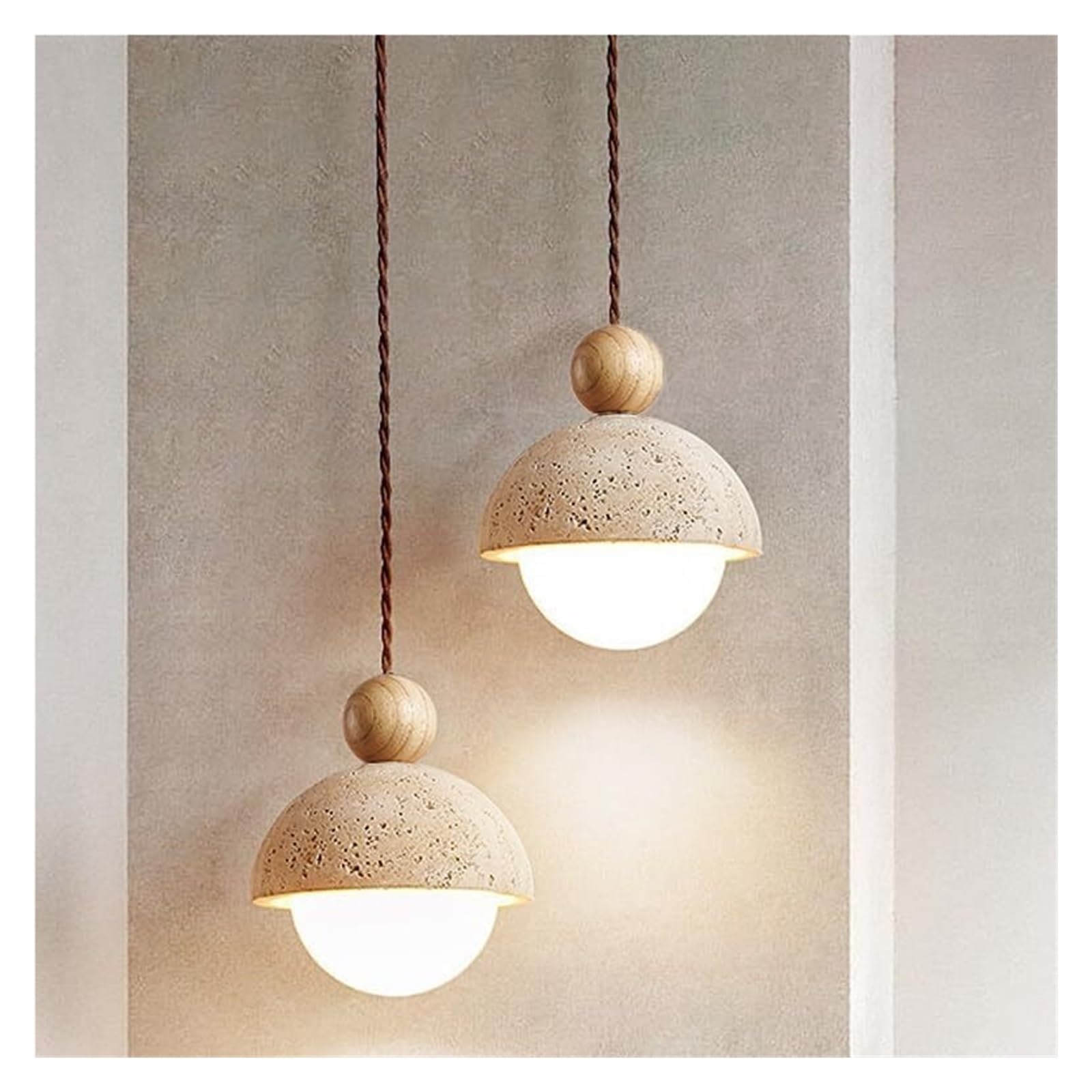 KHUKHU Japanese Style Wabi-Sabi Natural Stone Shade Spherical Retro Mini Travertine Pendant Lamp Nordic Pendant Light for Kitchen Island Dining Room - Hainging Light G9(2PCS)