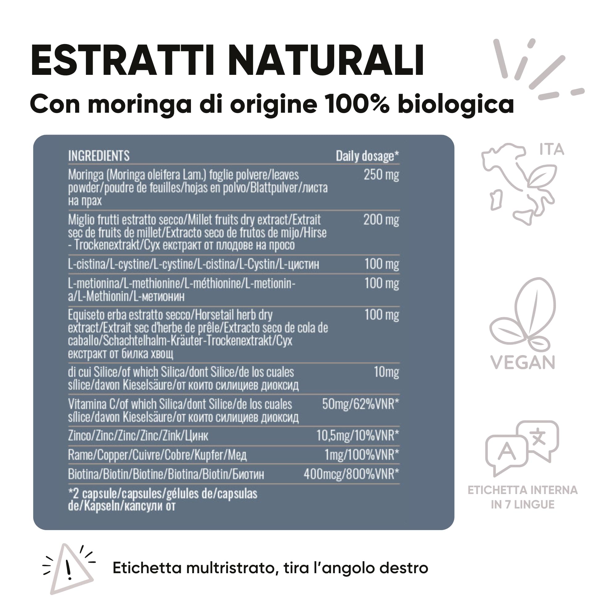 Integratore Biotina Capelli con Moringa, Equiseto, Miglio, Zinco, Cistina, Metionina | Hair Vitamins MIX UNICO | Integratore Anticaduta Capelli Donna e Uomo | 60 Capsule Made in Italy | RedMoringa