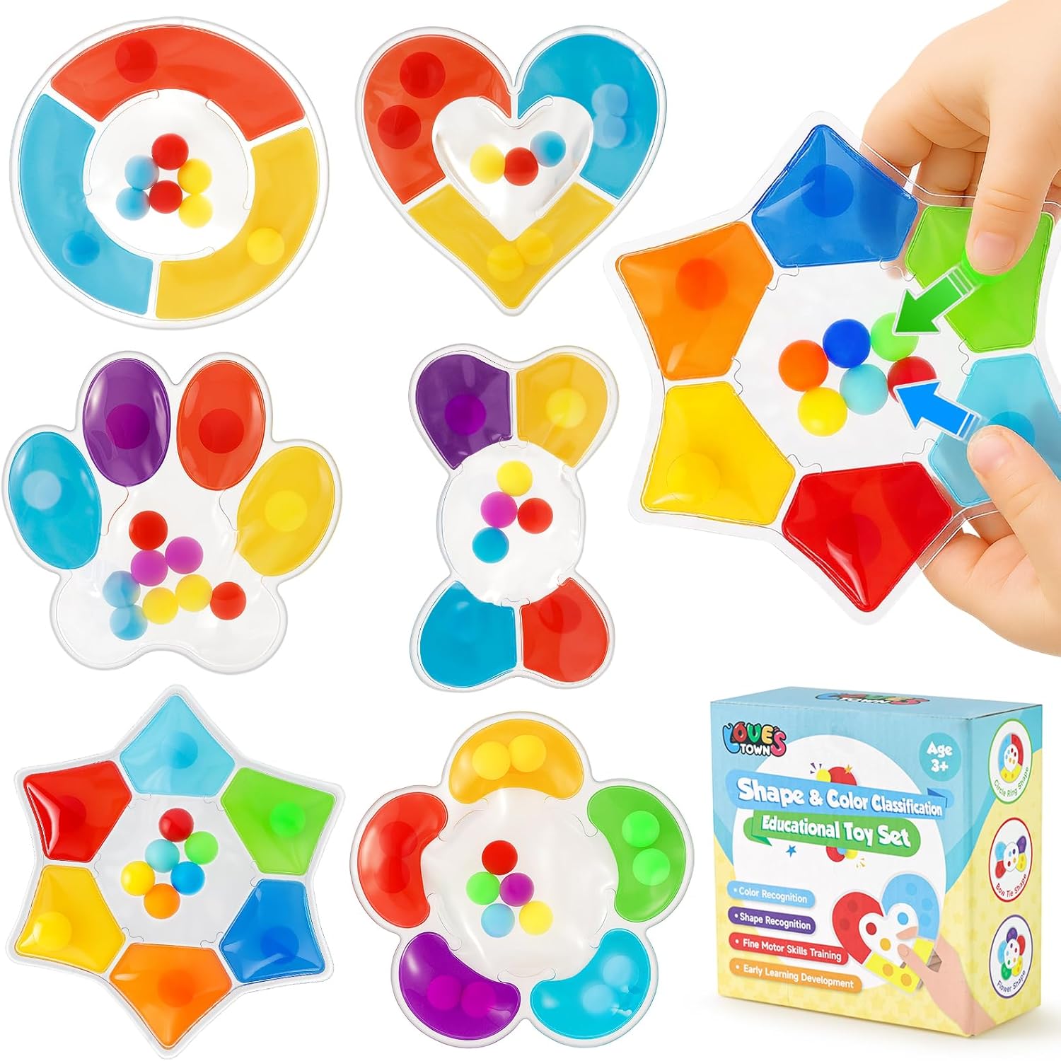 LovesTown 6PCS Color Sorting Toys, Matching Games for Toddlers Different Shapes Sensory Fidget Toys for Kids with Autism Airplane Travel Birthday Christmas Classroom Rewards