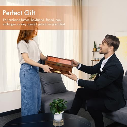 Miniatura 7 de ikkle Caja organizadora de relojes para hombres, 6 ranuras, vitrina de lujo para relojes, organizador de joyas de madera con cajón soporte de reloj