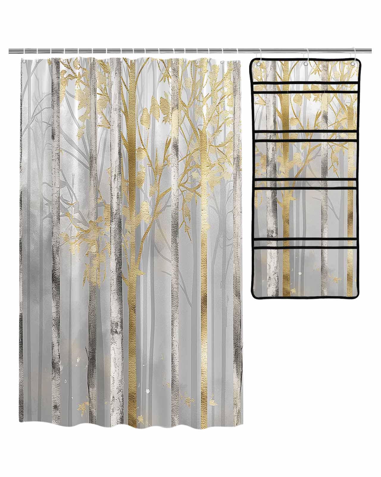 QueenKer Shower Curtain Sets with Mesh Hanging Shower Organizer Abstract Oil Painting Gray Trees Gold Branches Shower Curtain