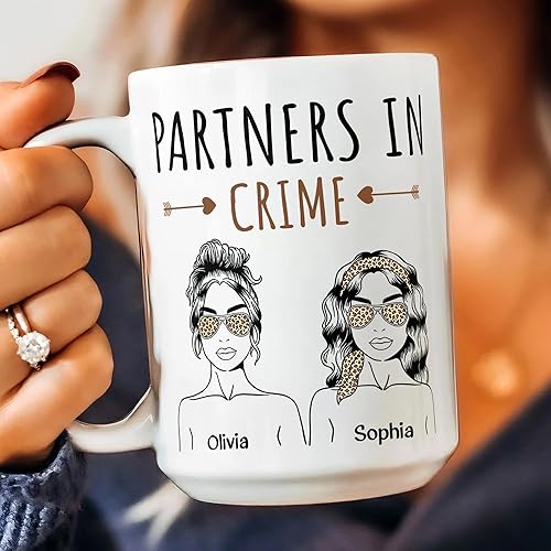 Miniatura 2 de Taza de café personalizada con texto en inglés "Partners in Crime", taza de café personalizada con diseño de leopardo, regalo de cumpleaños para