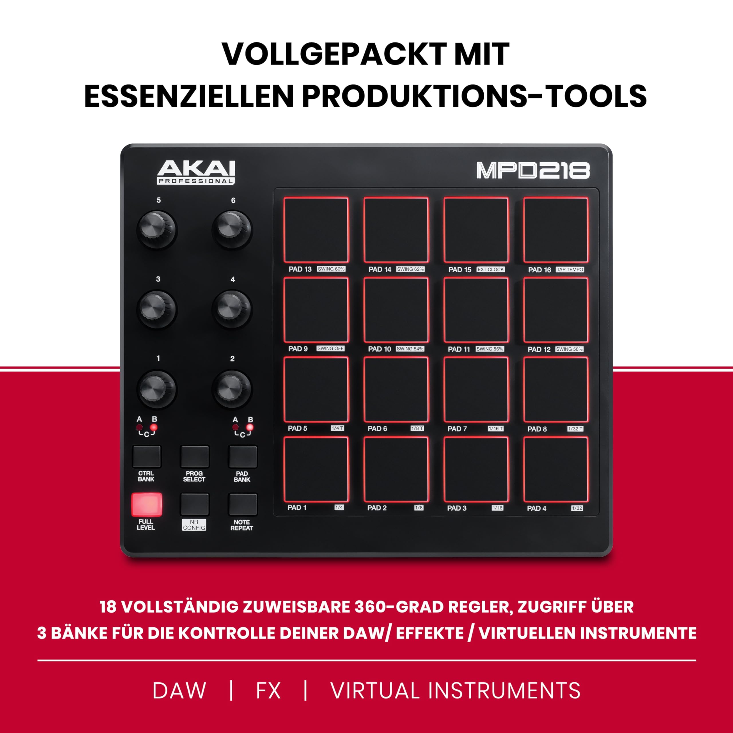 Akai Professional MPD218 - MIDI Pad Controller, Drum Pad Machine, Beat Maker mit 16 Pads, Zuweisbaren Reglern, Produktionssoftware Inklusive