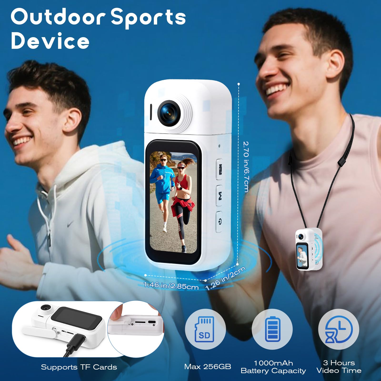 360° Mini Action Kamera mit Touchscreen, Action Body Cam, 30m Wasserdicht, 8h Akku, 120° Weitwinkel, inkl. 8h Akku Laufzeit, 64GB Speicher, Fahrradhelm Kamera für Motorrad, Tauchen, Vlog (weiß)