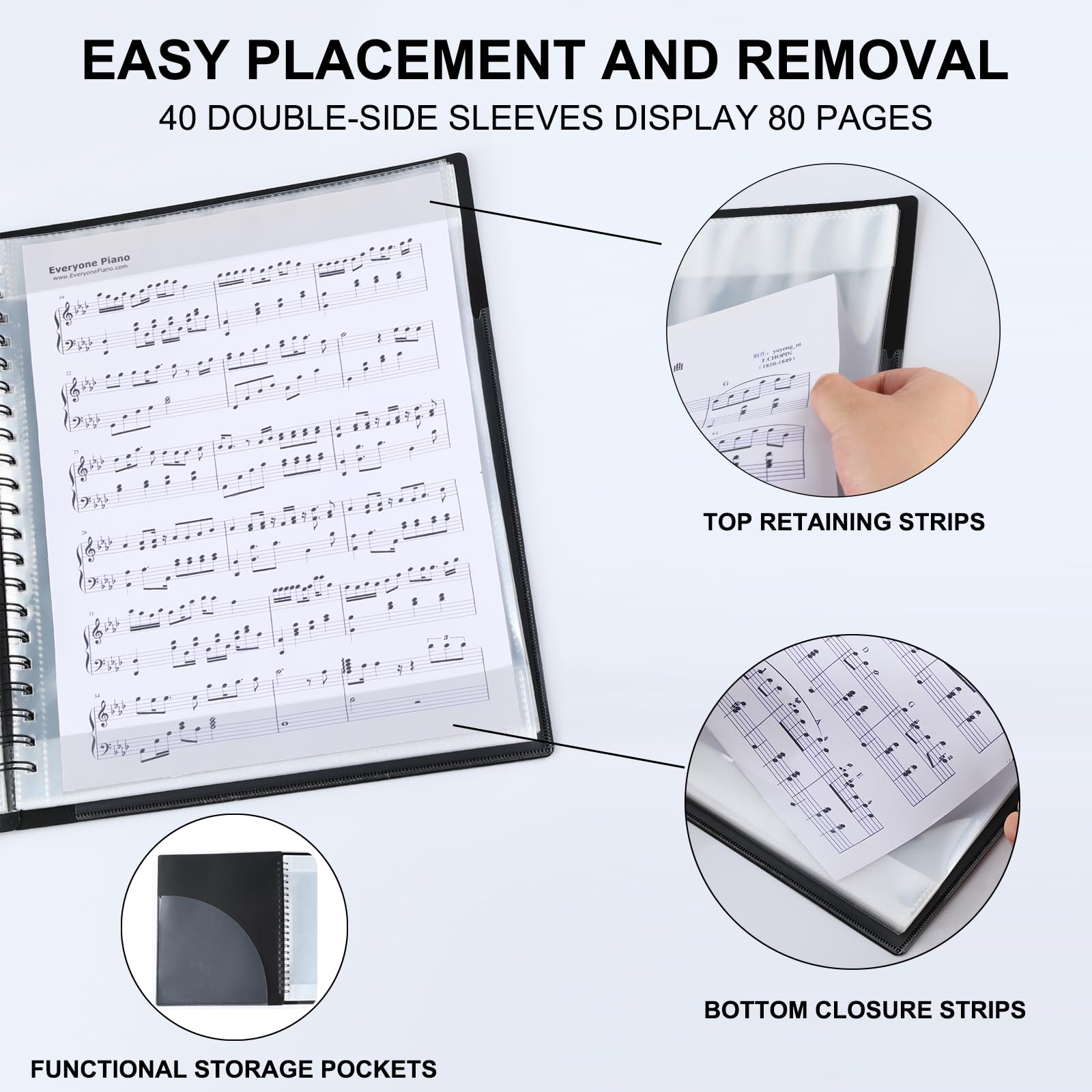 Musfunny Classeur de partitions A4 : 80 pages avec 30 pochettes | Dossier de musique pour piano inscriptible – Organiseur de partitions pour chorale, chanteur, scène, spectacle