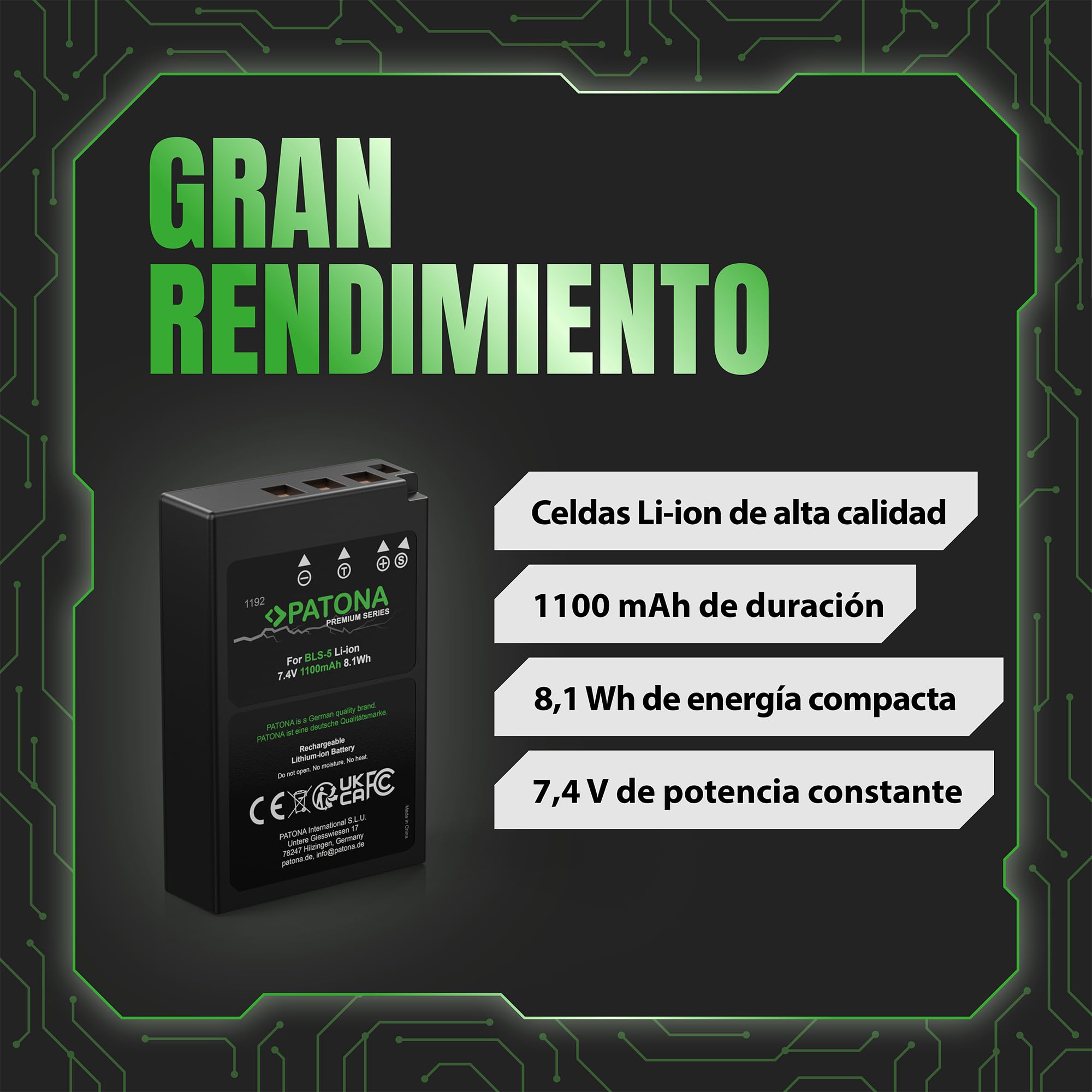 PATONA 2X Premium Batería 1100mAh – Recambio para Olympus BLS-5, BLS-50, PS-BLS5 – para OM-D E-M10 II-IV, E-M5 III, Pen E-P3, E-PL2 a E-PL9, E-PM1, E-PM2, Stylus 1 – una dispara, Otra Carga