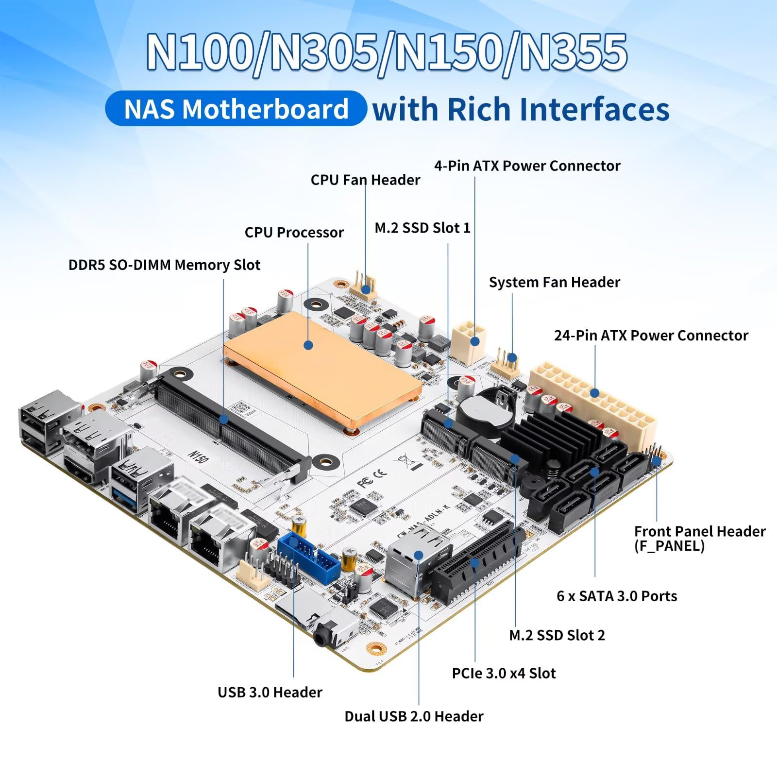 N150 NAS Motherboard Mini ITX, 2× 2.5GbE LAN, 6× SATA3.0, 2× M.2 NVMe, 4USB, TF, 1x PCIe 3.0x4, DDR5 4800MHz up to 32GB, HD+DP Dual Display, for Home Server/Firewall/Storage, 170x170mm, Barebone