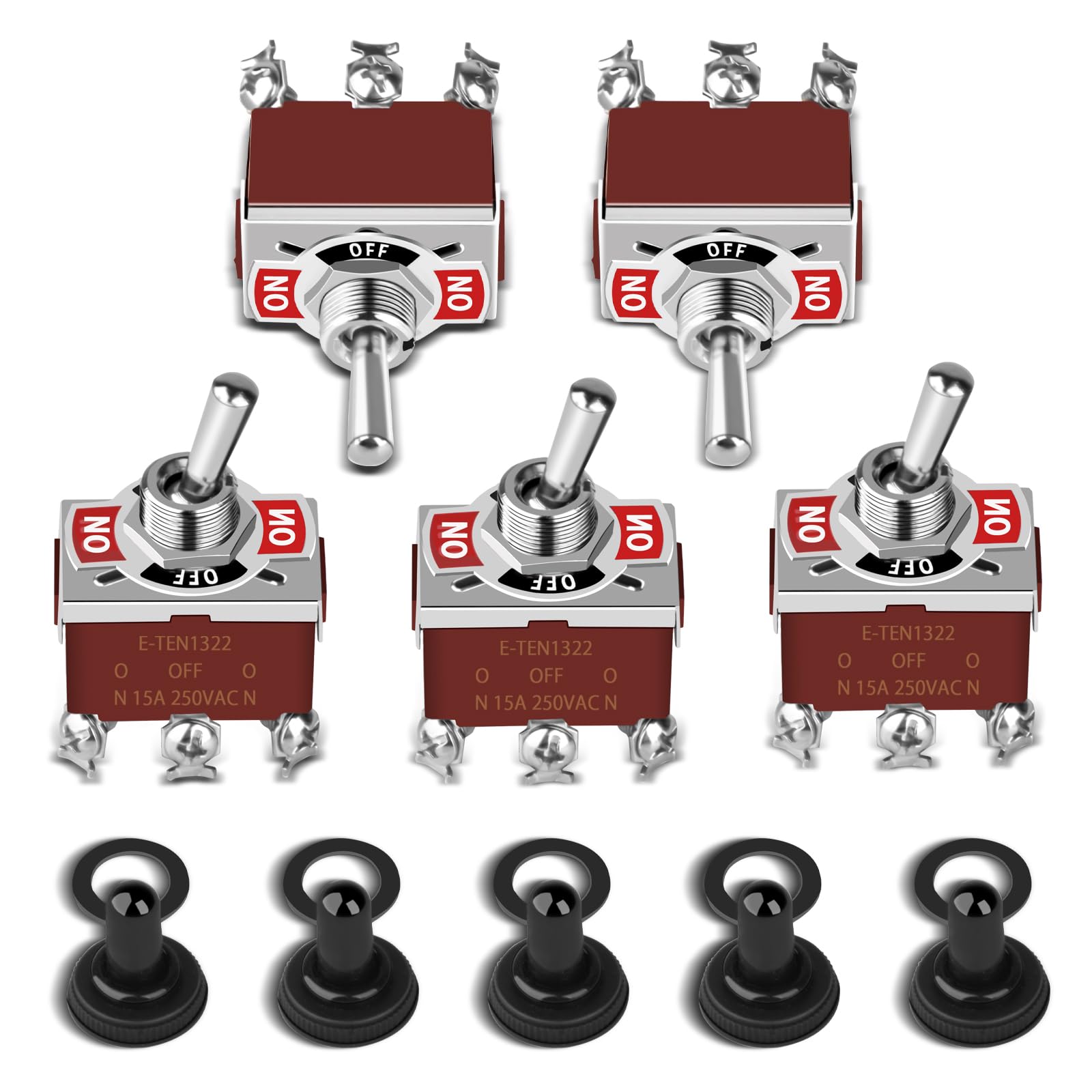 5Pack Toggle Switch, 6 Pin ON-Off-ON 12V DC 30A/250V AC 15A DPDT Marine Waterproof Toggle Switch with Boot Cap Cover, Switch for Car Auto Boat