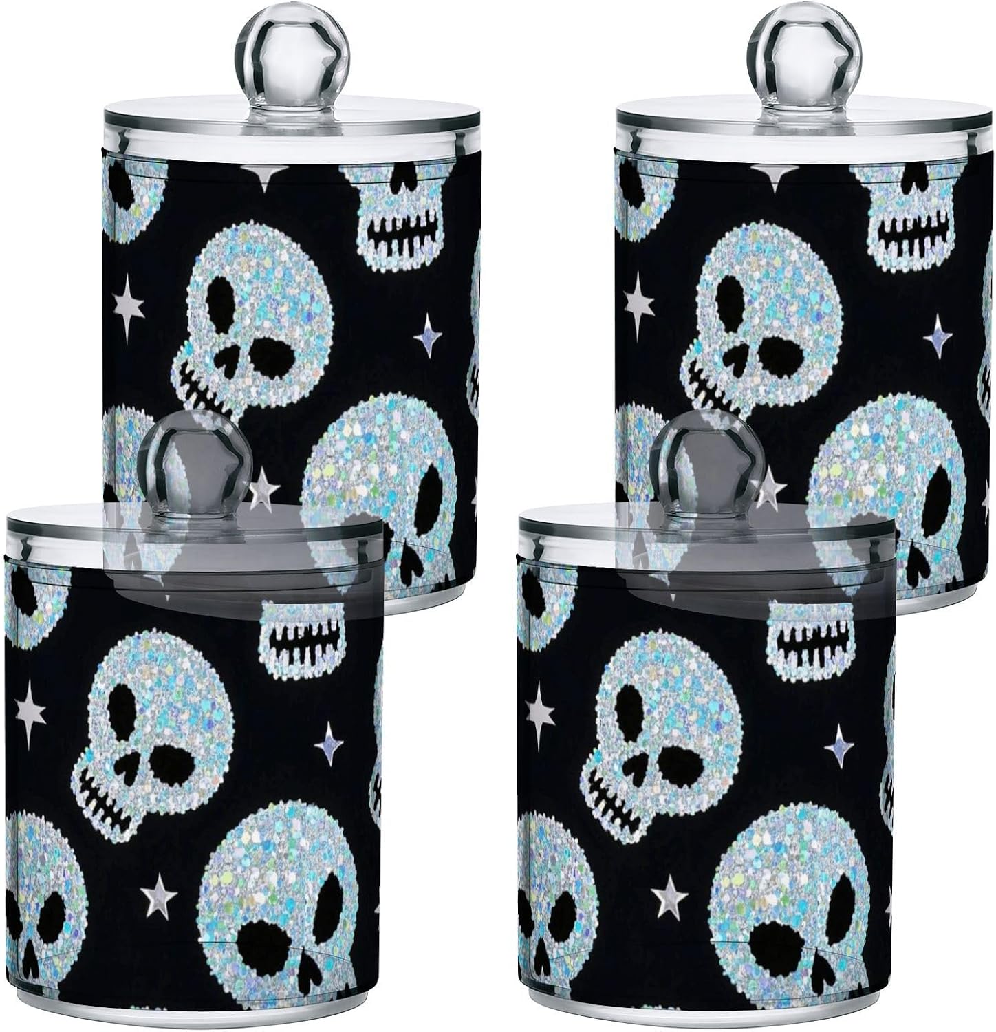 Fake Glitter Cartoon Skull Clear Plastic storage boxes with lid Dresser Essentials Decorative storage bins for Cotton Swabs,Cotton Pads,Floss Picks,Paper Clips,Hair Clips 4 Pack
