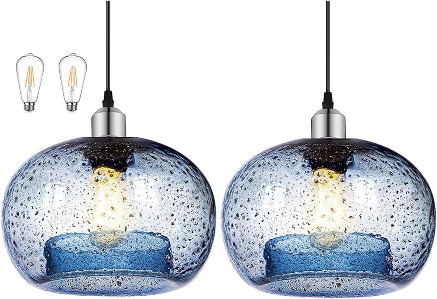 Large Glass Pendant Light for Kitchen Island, Blue Glass Pendant Hanging Light fixtures with Extra 2 Bulbs, Adjustable 1.5m Cord Modern Pendant Lighting for Hotel Restaurant and Home (23cm, 2-Pack) — image 1