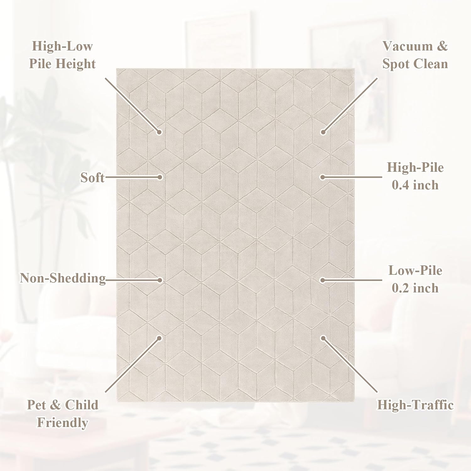 SHACOS Soft Fluffy 8x10 Area Rugs for Living Room, Modern Geometric Non Slip Washable Rugs, Stain Resistant Simple Solid Color Carpet Rug for Bedroom Dining Room Kids Room, Beige